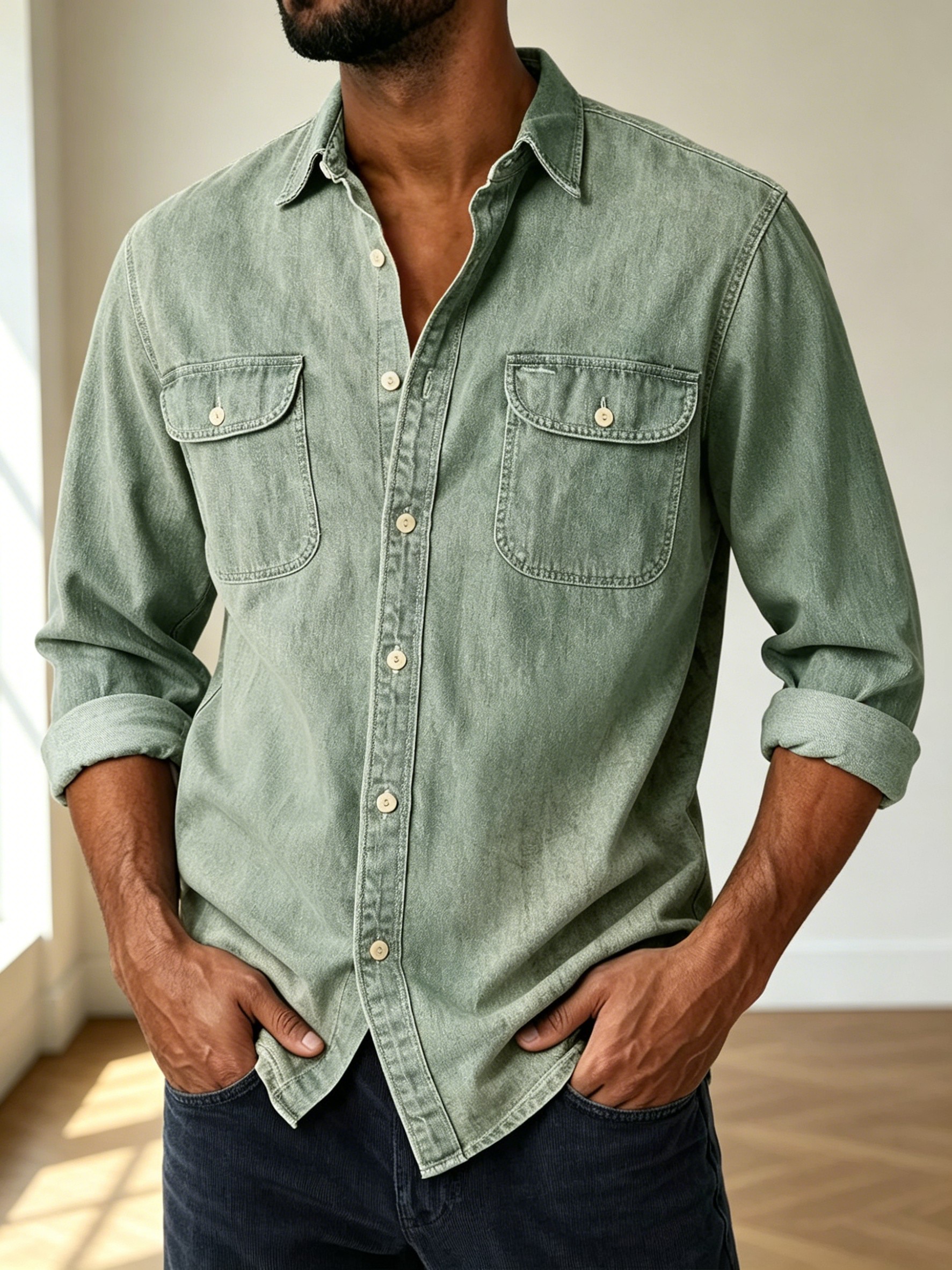 Men Long Sleeve Two Pocket Denim Button Down Shirt