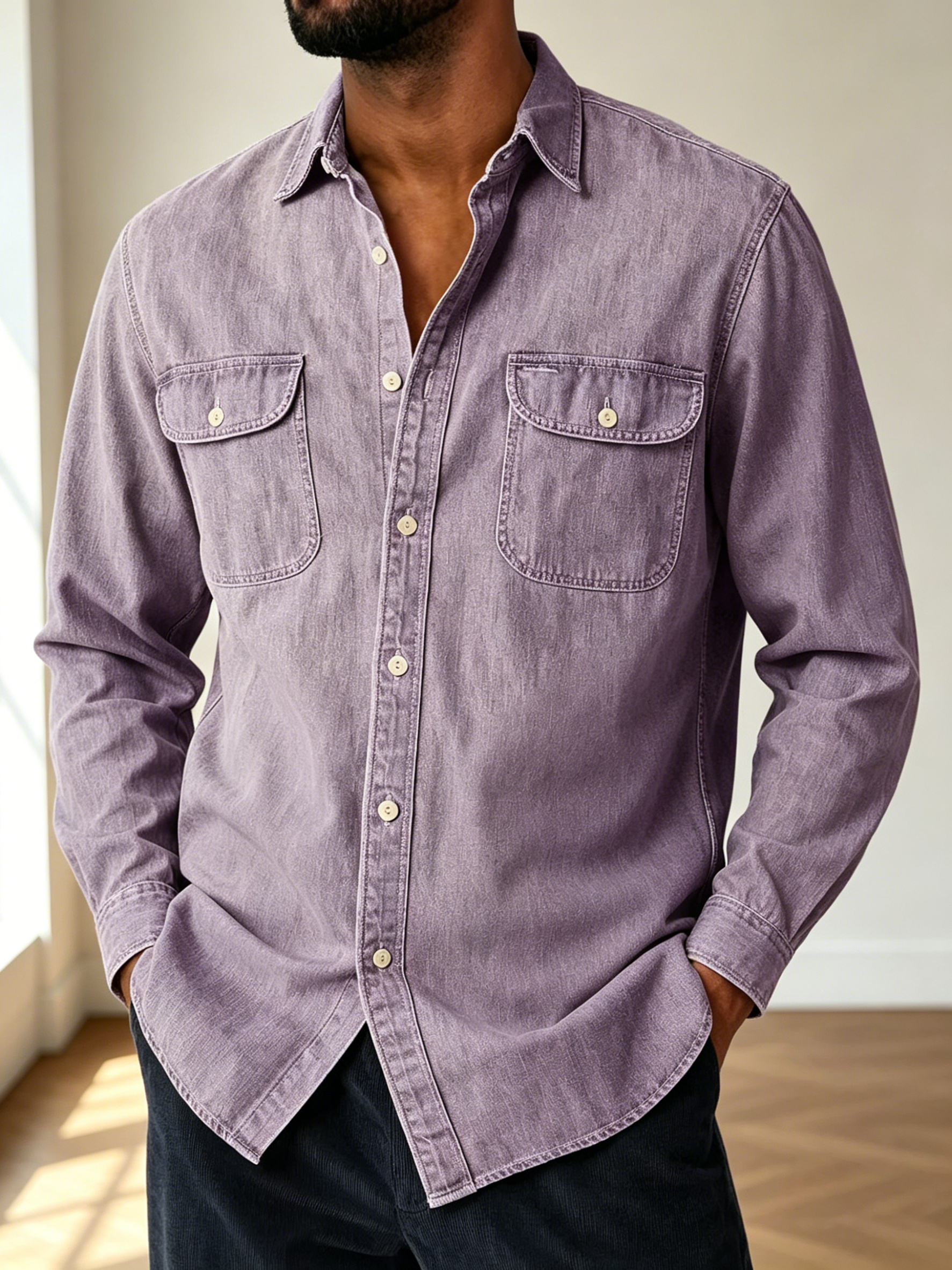 Men Long Sleeve Two Pocket Denim Button Down Shirt