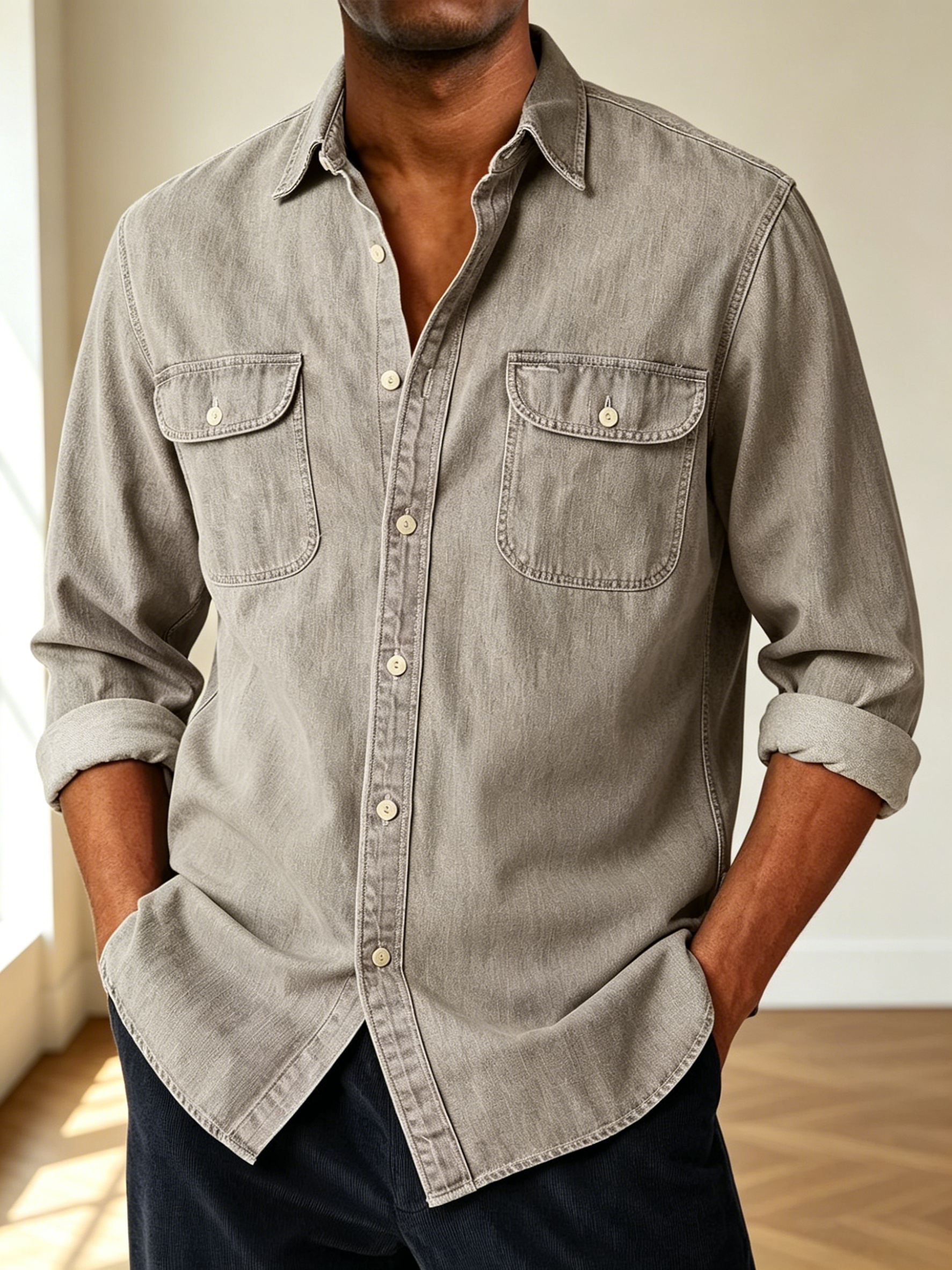 Men Long Sleeve Two Pocket Denim Button Down Shirt
