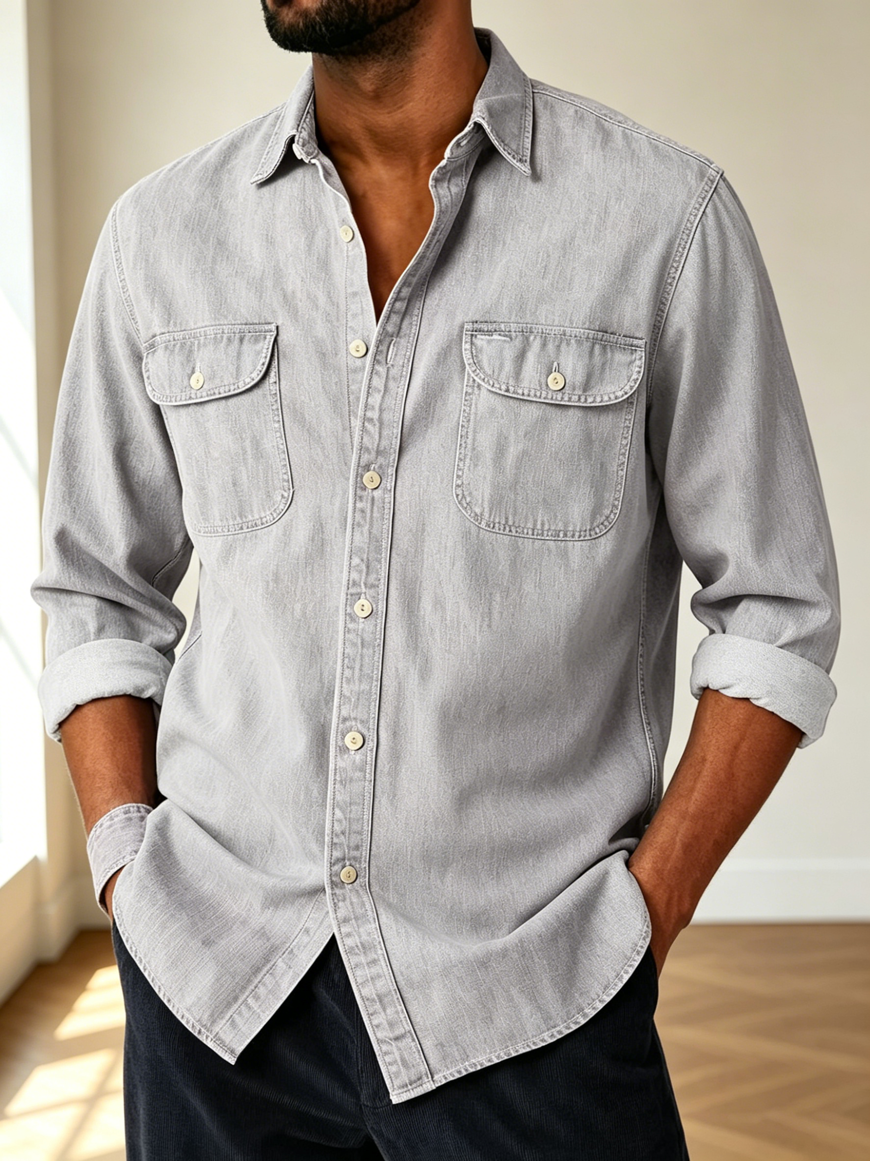 Men Long Sleeve Two Pocket Denim Button Down Shirt