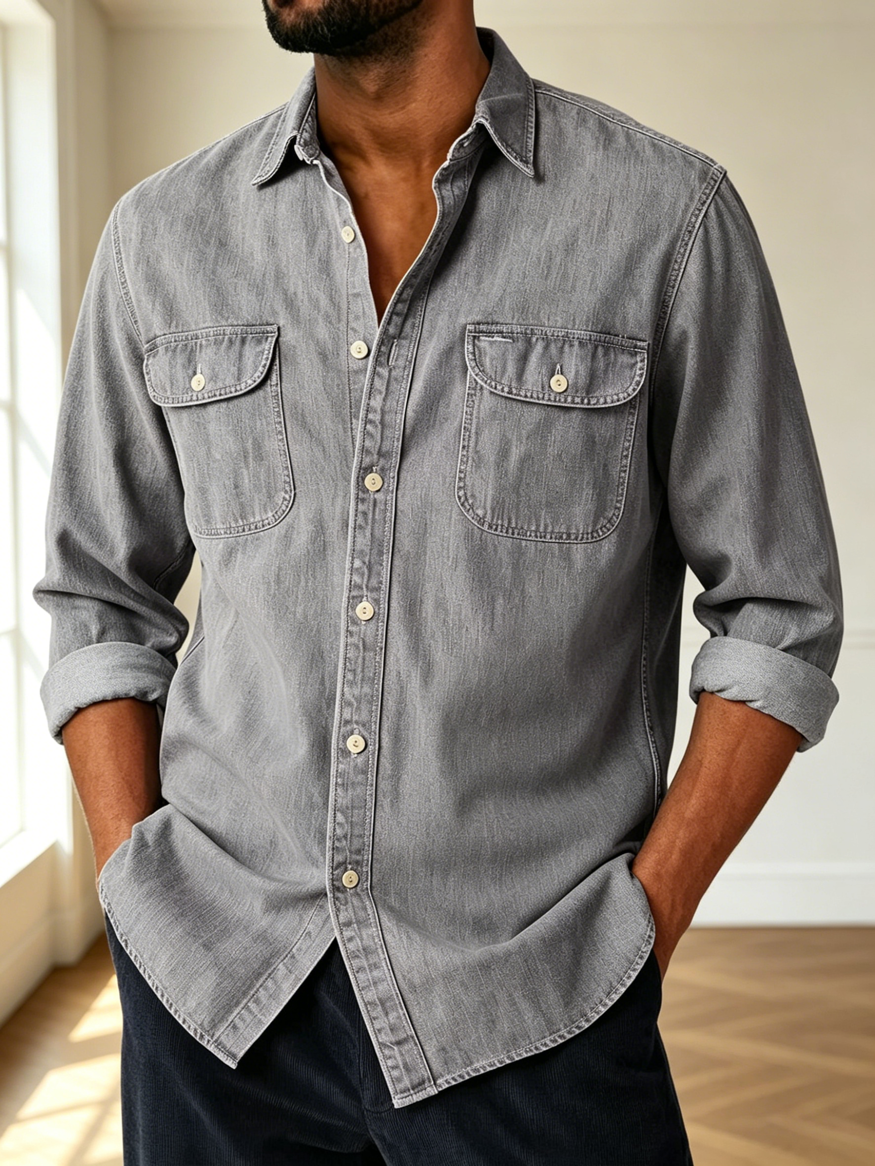 Men Long Sleeve Two Pocket Denim Button Down Shirt