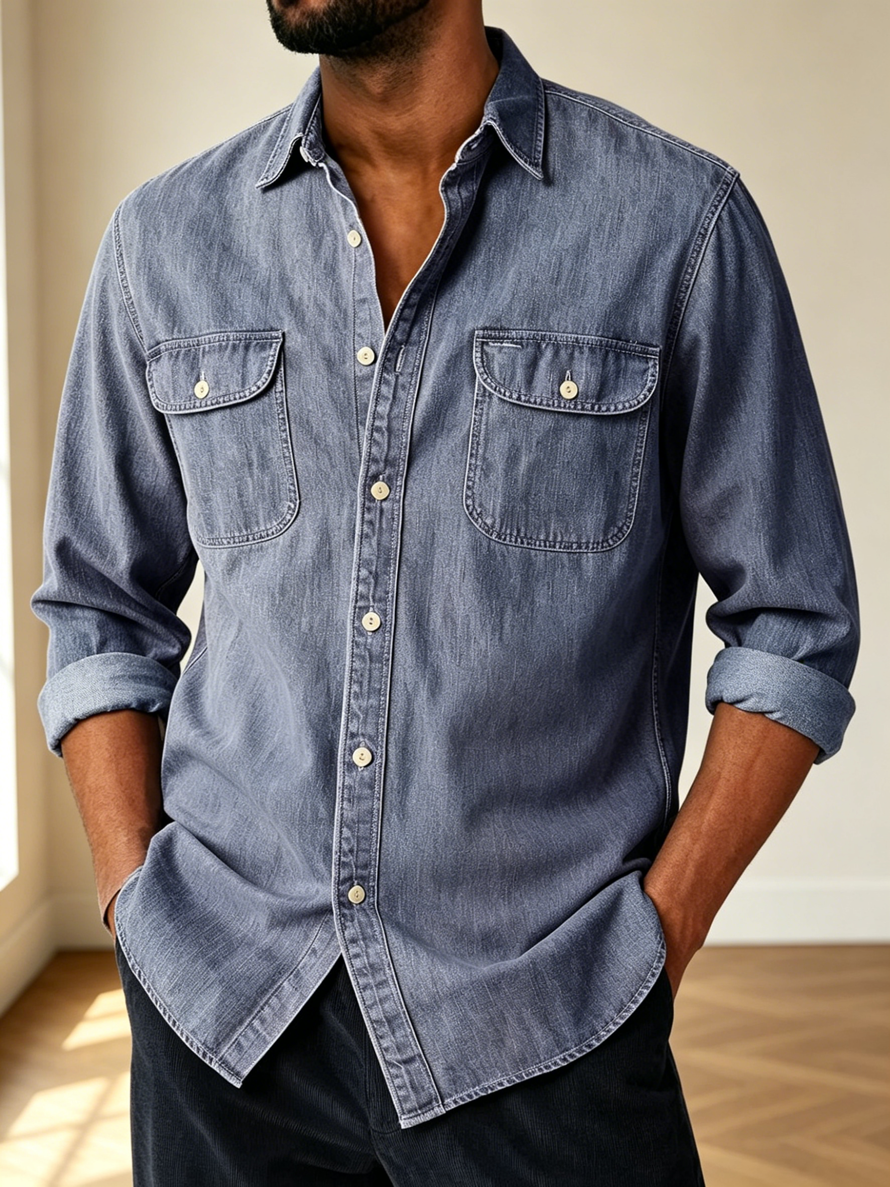 Men Long Sleeve Two Pocket Denim Button Down Shirt