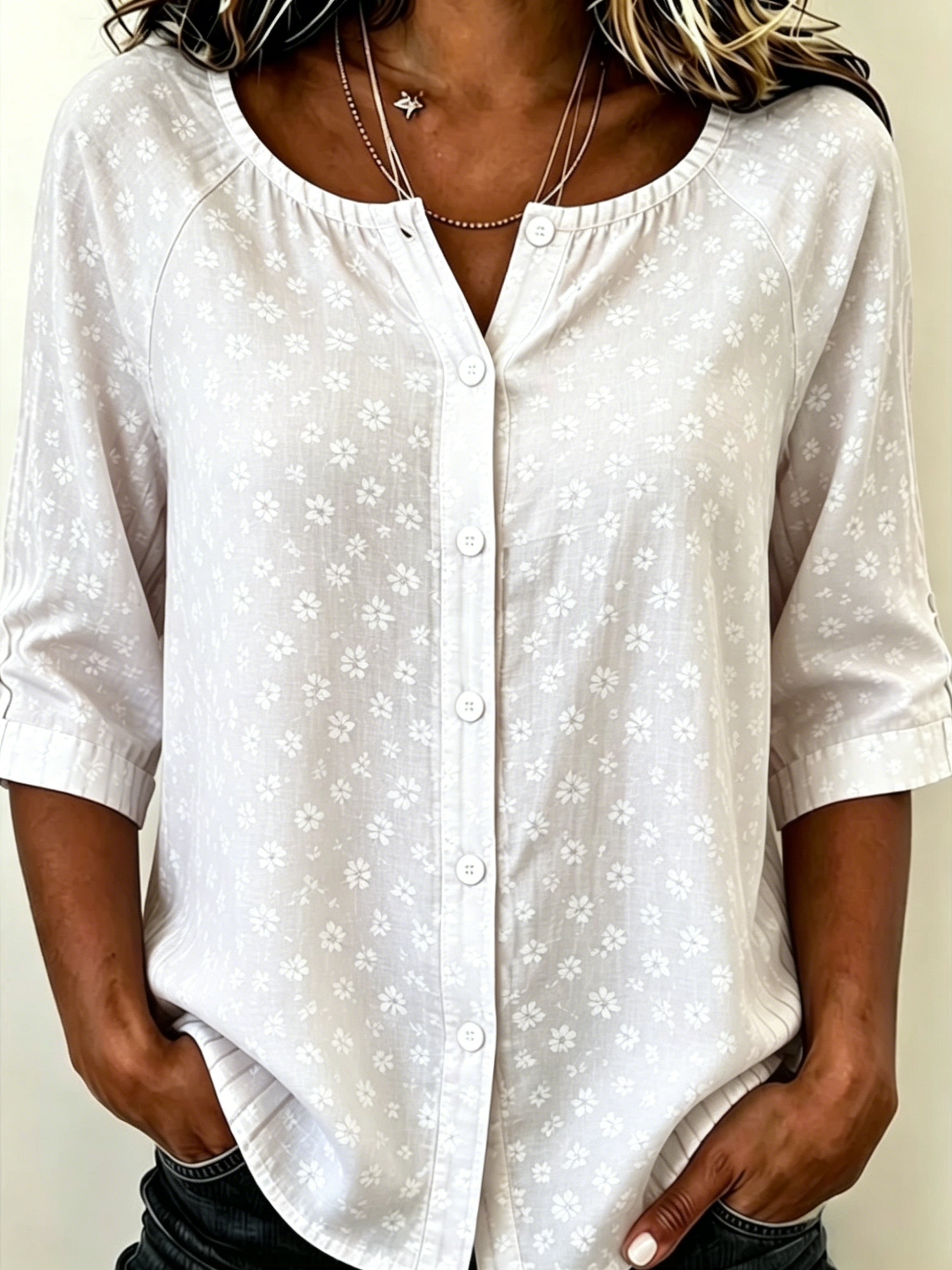 Women Ditsy Floral Raglan 3/4 Sleeve Button Down Blouse