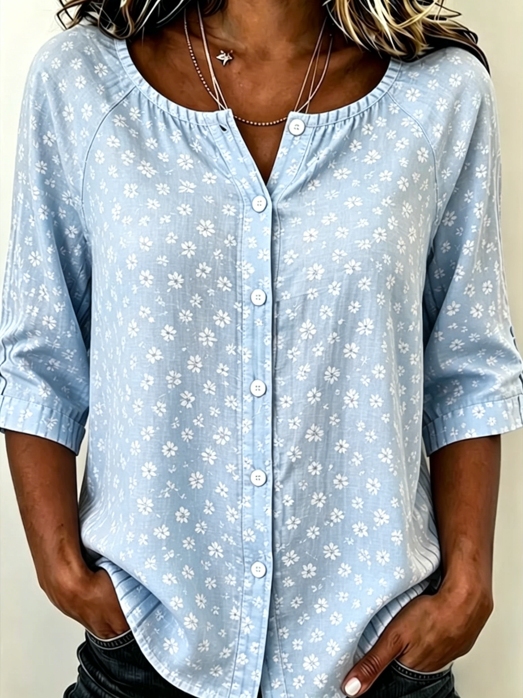 Women Ditsy Floral Raglan 3/4 Sleeve Button Down Blouse