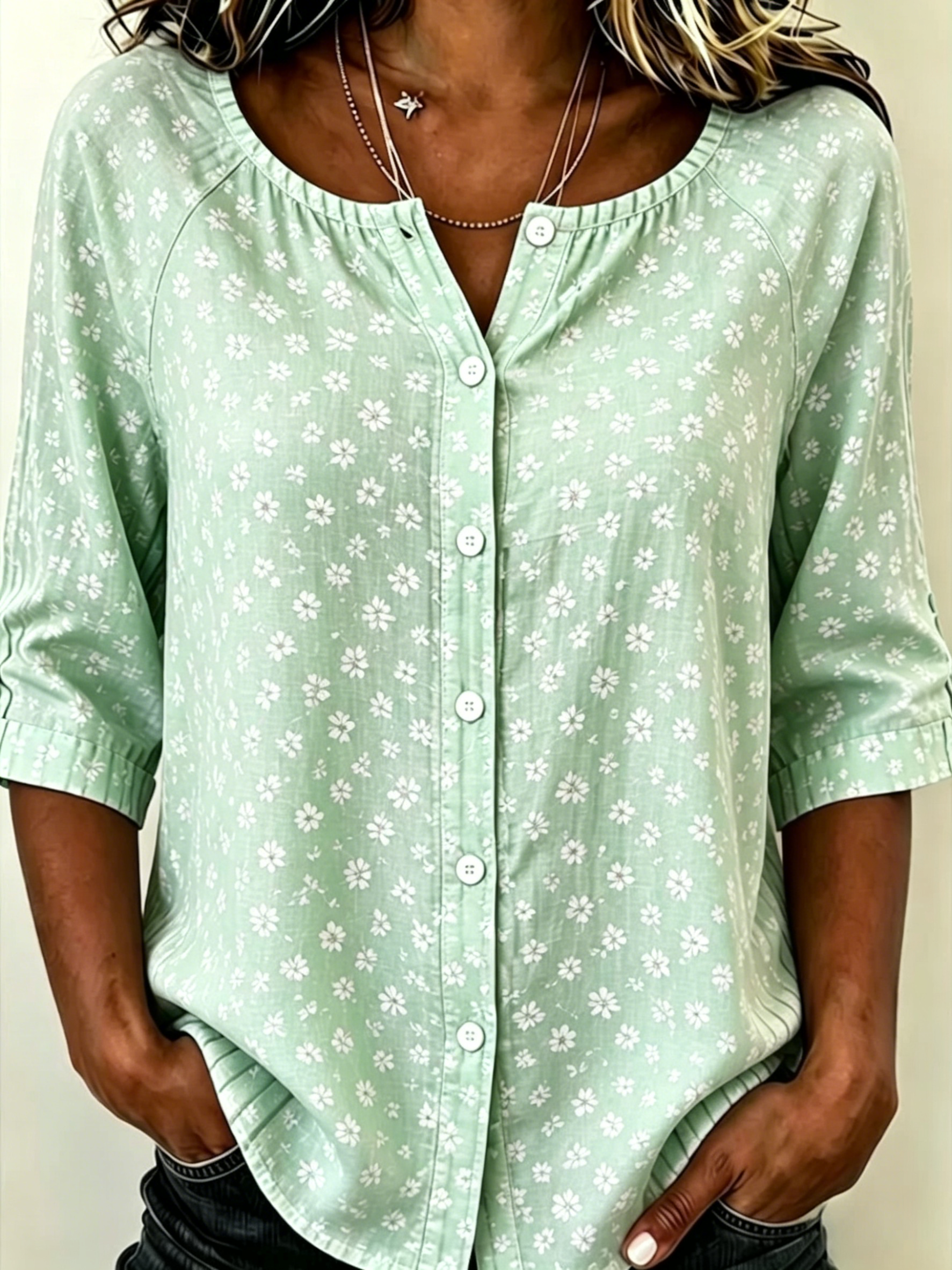 Women Ditsy Floral Raglan 3/4 Sleeve Button Down Blouse