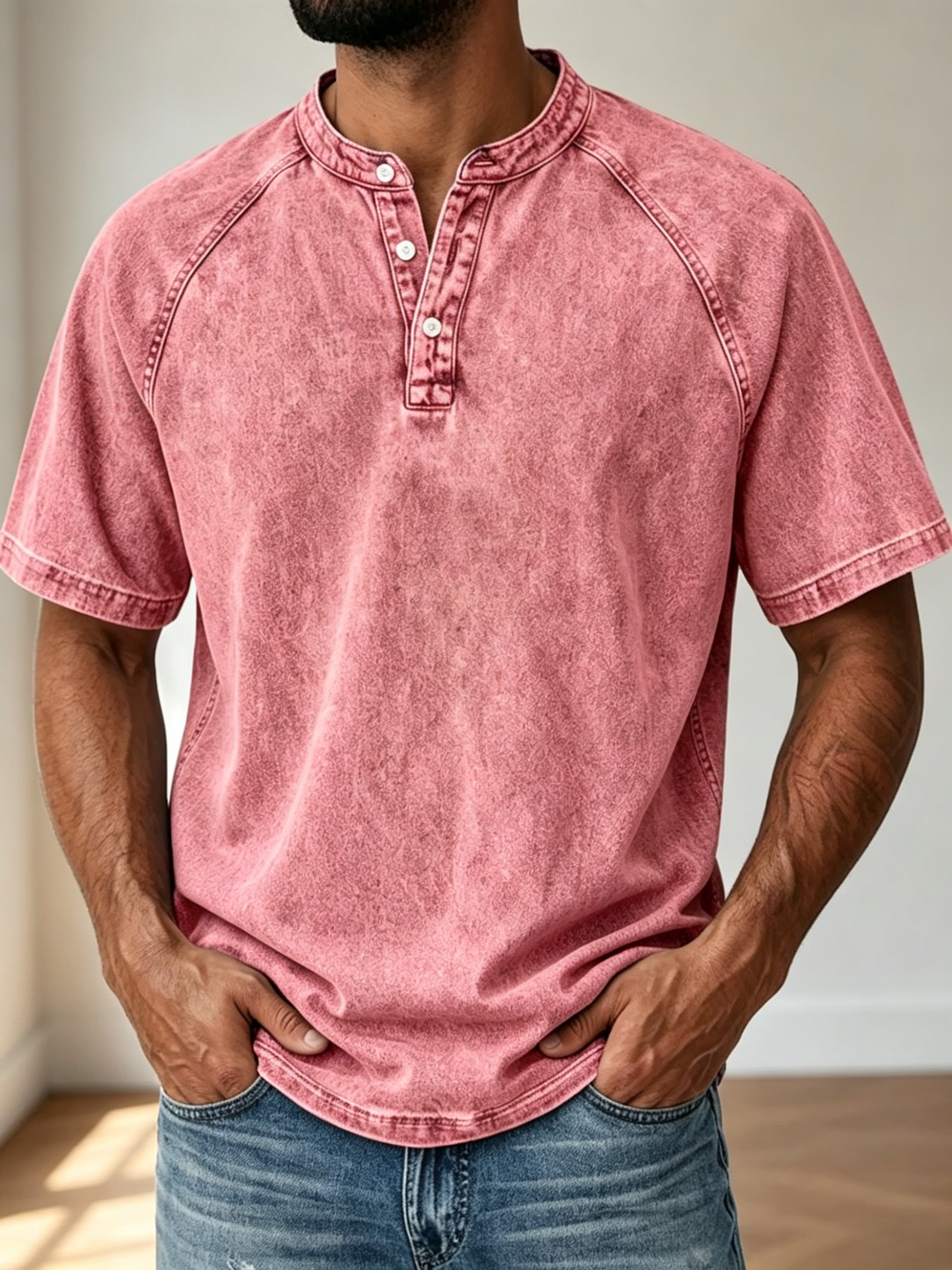 Retro Washed 3 Button Placket Henley T-Shirt For Men