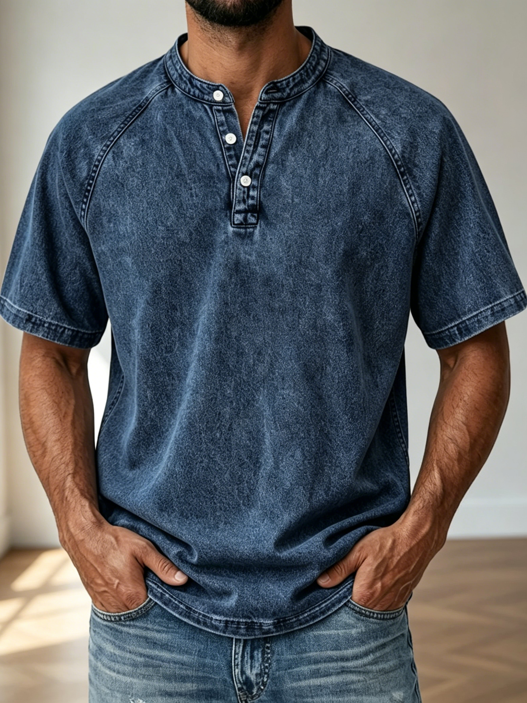 Retro Washed 3 Button Placket Henley T-Shirt For Men