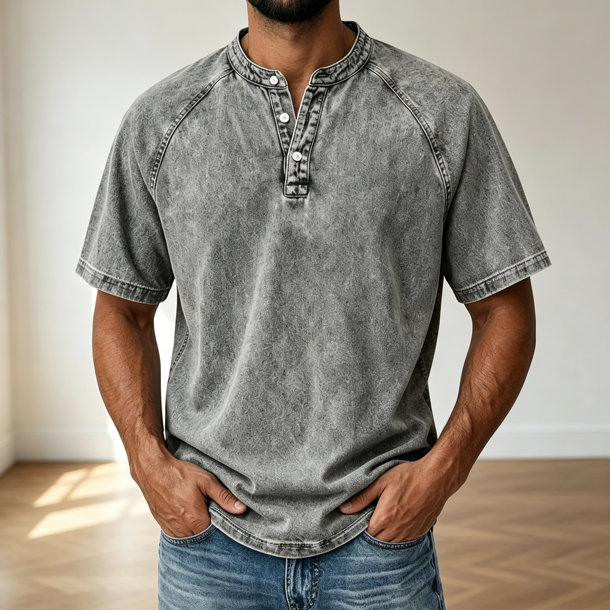 Retro Washed 3 Button Placket Henley T-Shirt For Men