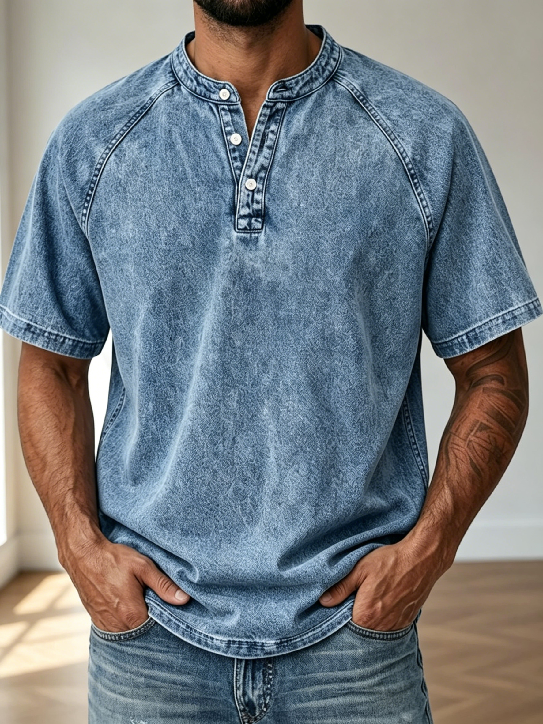 Retro Washed 3 Button Placket Henley T-Shirt For Men