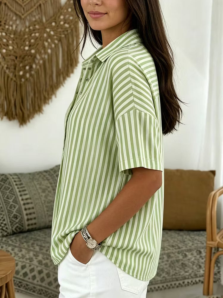Relax Fit Drop Shoulder Striped Tunic Top, Point Collar Half Placket Casual Vacation Shirt for Wom