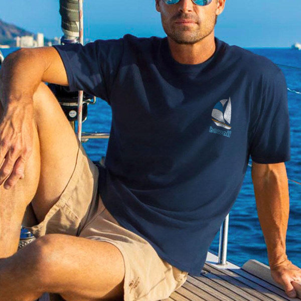 Navy blue stained glass sail with a round neckline and short sleeves