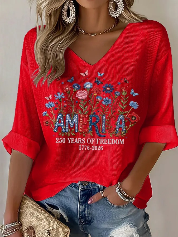 Women's "America 250 Years of Freedom" Floral Embroidered V-Neck T-Shirt