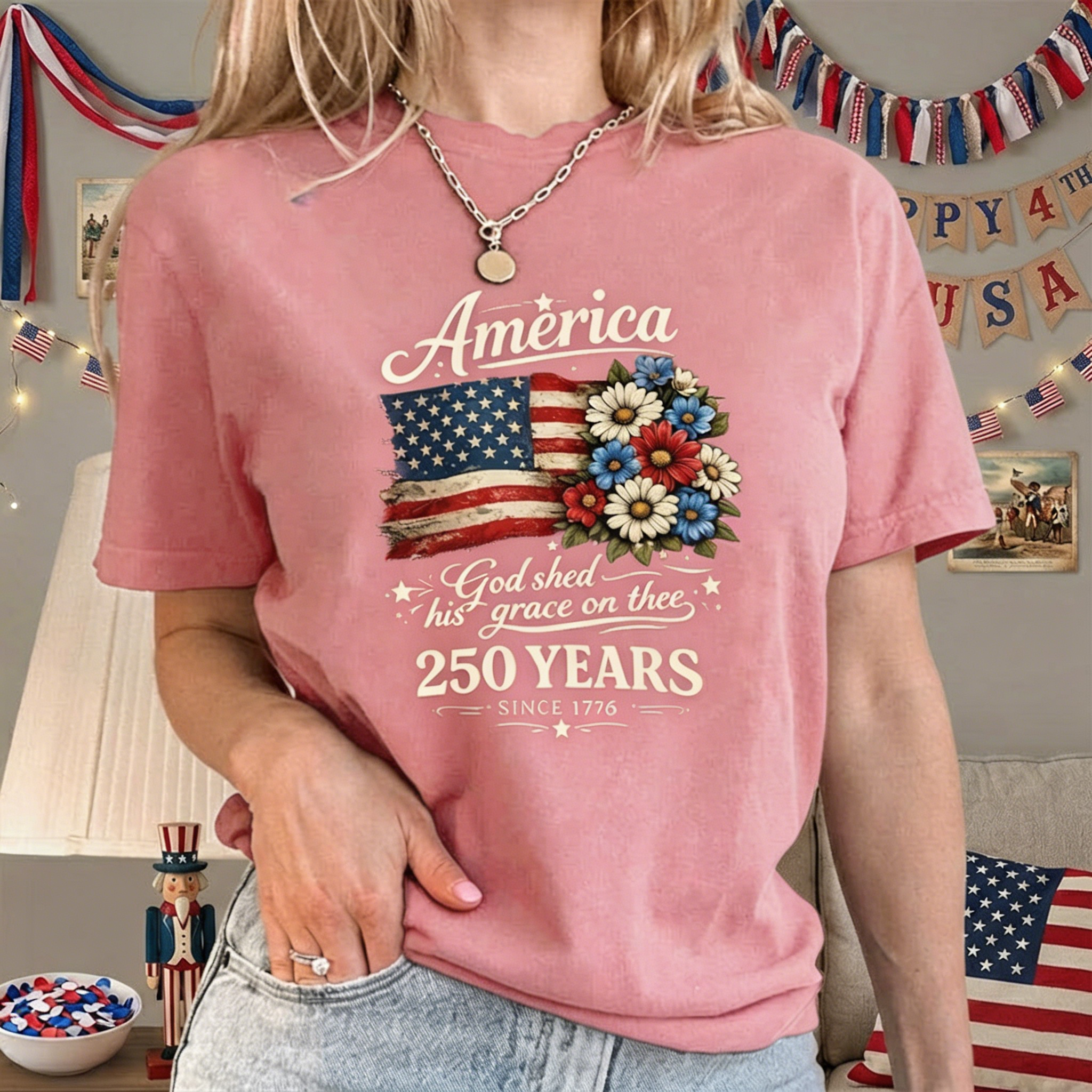 America 250 Years Floral Flag Graphic Tee – Vintage USA Flag with Flowers & "God Shed His Grace" Quote, Casual Black Short Sleeve Top