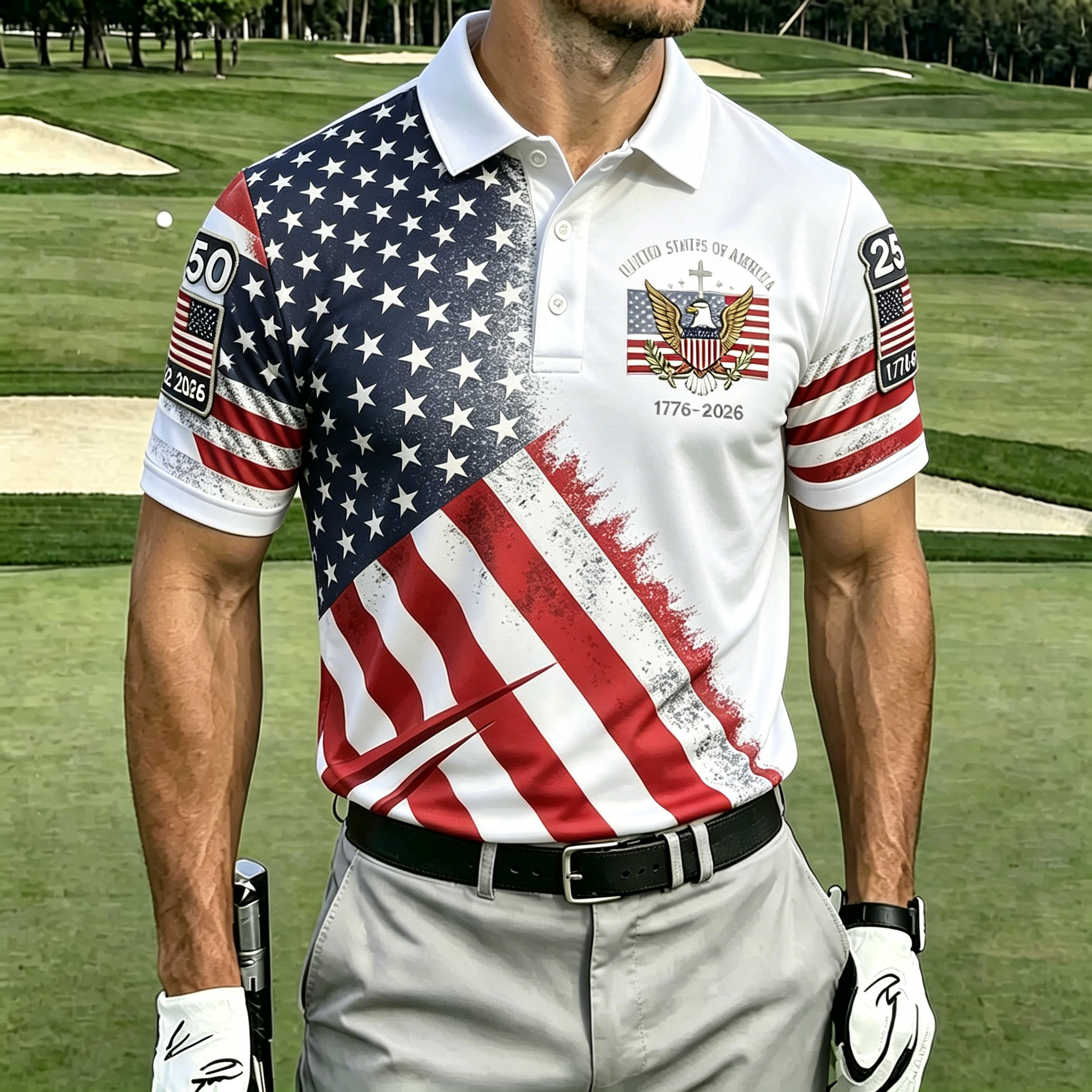 Patriotic Eagle USA Flag Print Collar Golf Polo Shirt for Men