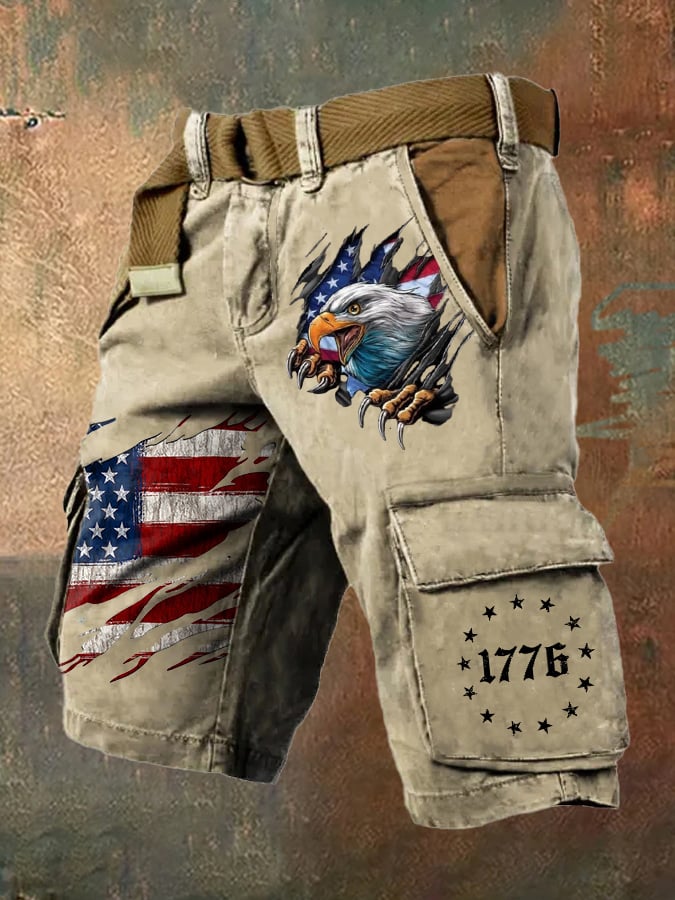 Men's Retro Independence Day Flag Print Cargo Shorts