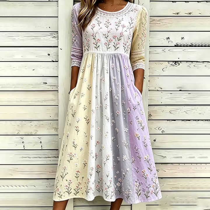 Women Flowy Tiered Floral Patchwork Casual Midi Dress with Side Pockets