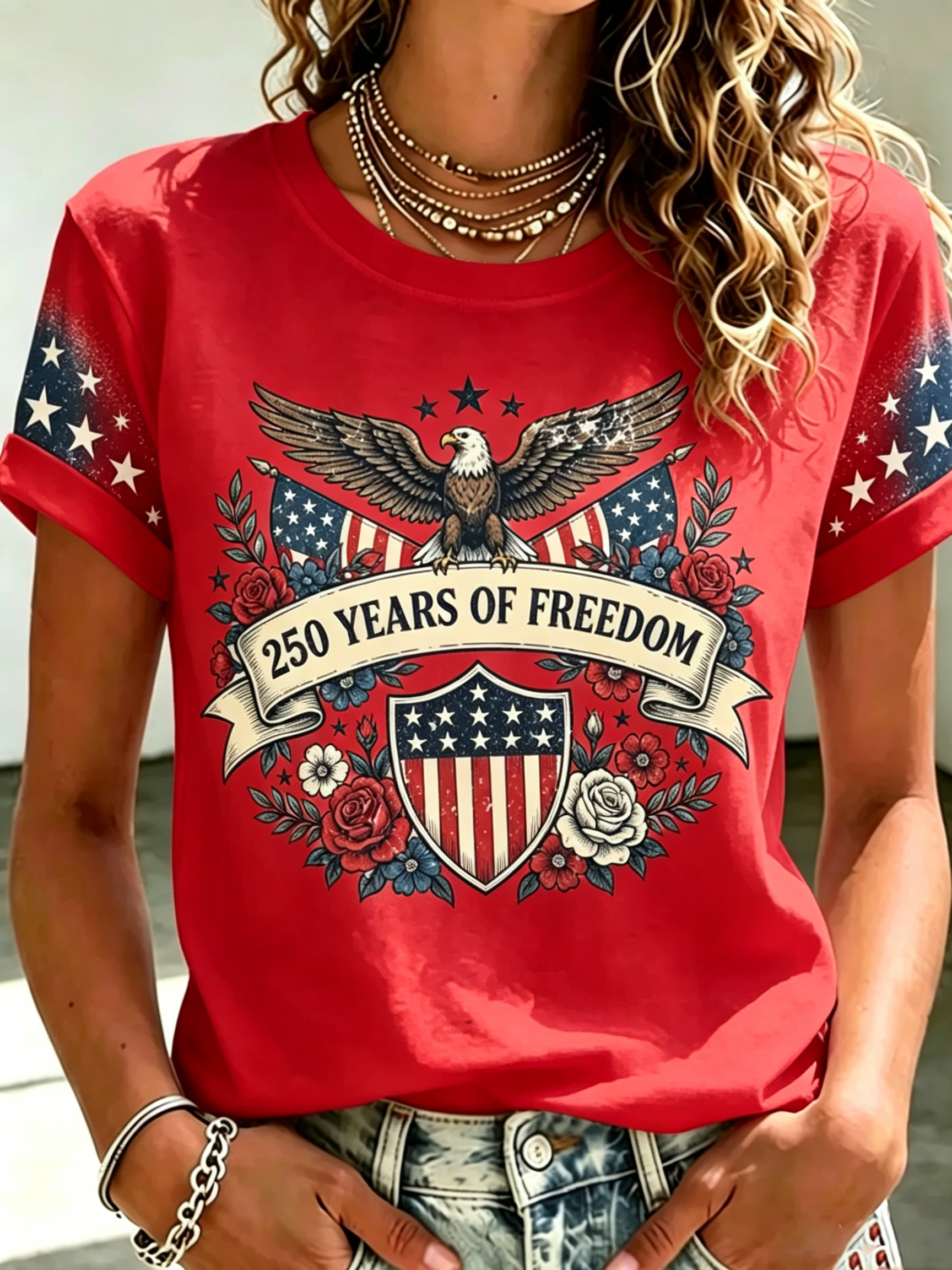 [Copy]Distressed Denim Style Patriotic Eagle Wing Print Ladies Loose Fit Curved Hem Top