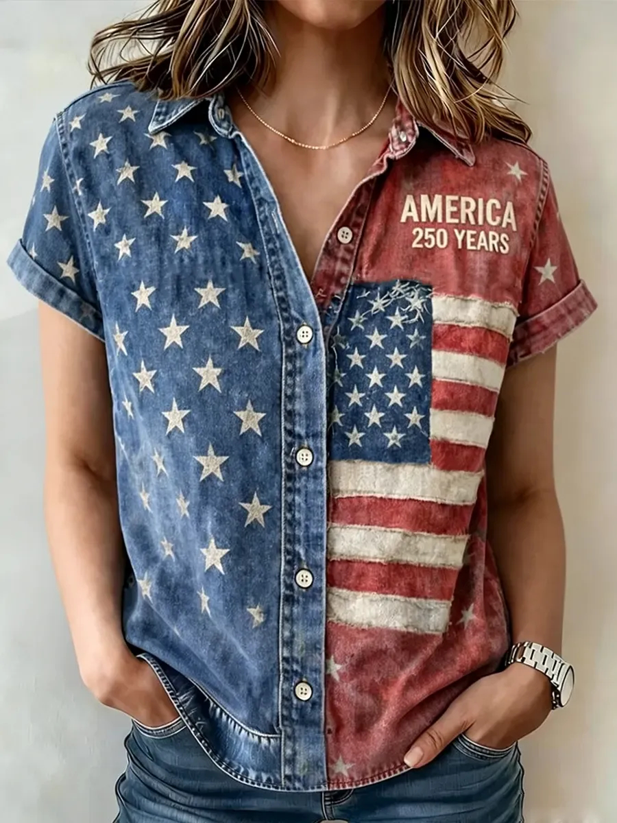 Distressed USA Flag Pocket Casual Streetwear Women Button Down Blouse