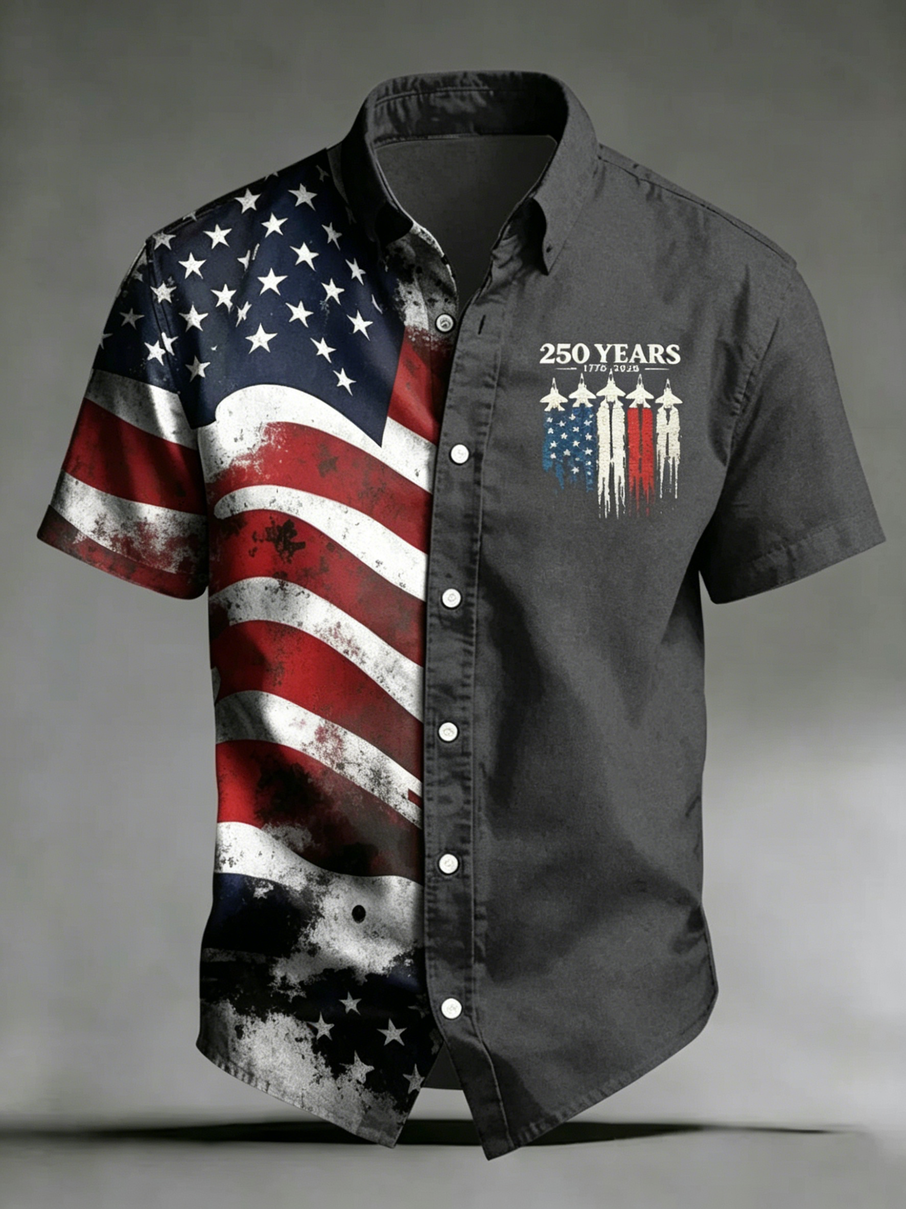 Patriotic USA Flag & Jet Print Casual Shirt, Vintage Split Design Short Sleeve Top
