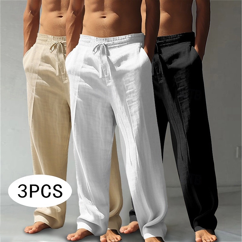 Men's Linen Pants Trousers Summer Pants Baggy Pants Beach Pants Drawstring Elastic Waist Straight Leg Plain Comfort Breathable Knee Length Outdoor Casual Daily Vacation Classic Style White+Black+Gray 2026 - $44.99 &ndash;P5