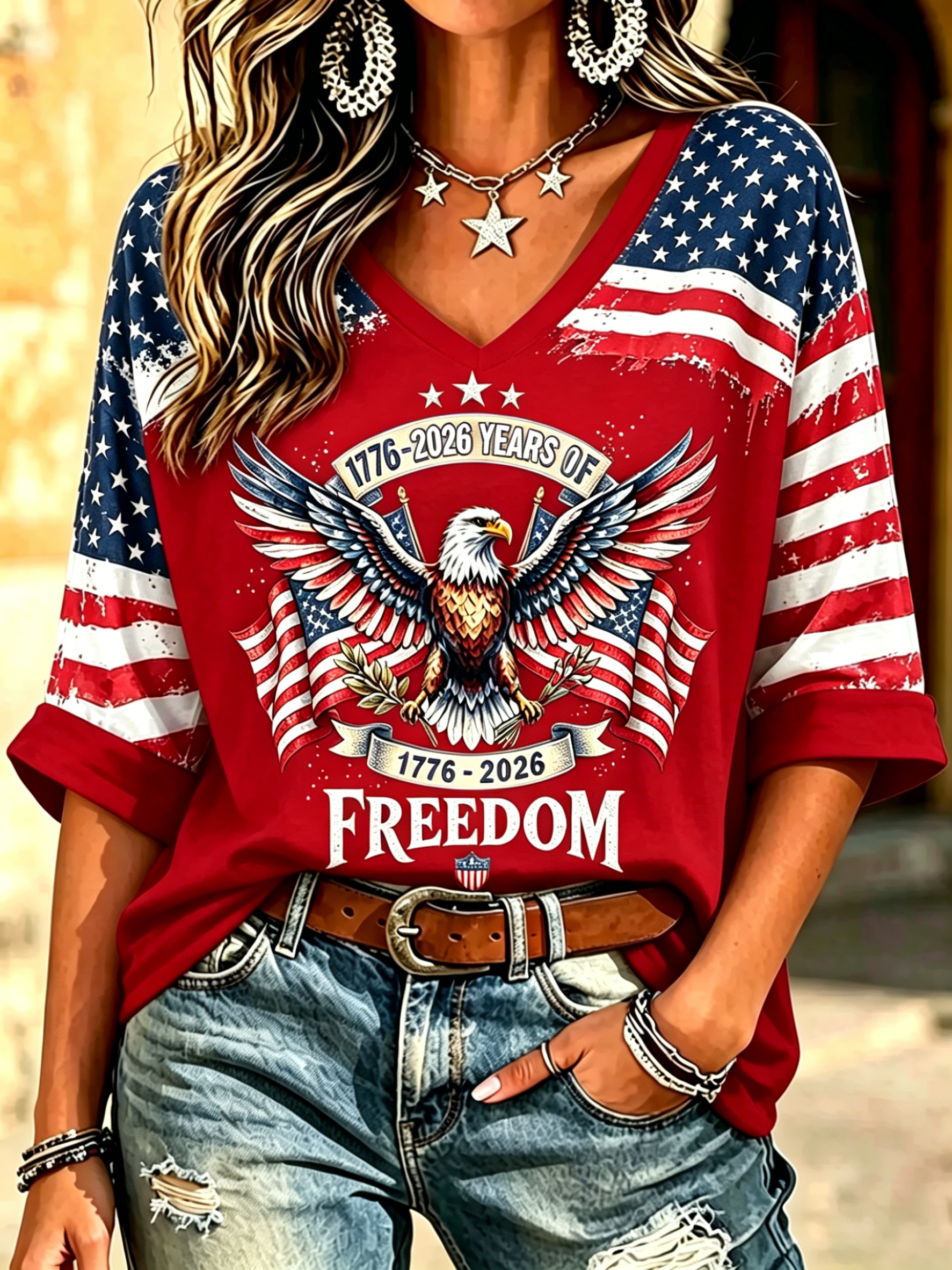 Women’s Patriotic 250 Year Eagle Freedom Letter Distressed Flag Raglan V Neck Three Quarter Sleeve T-Shirt