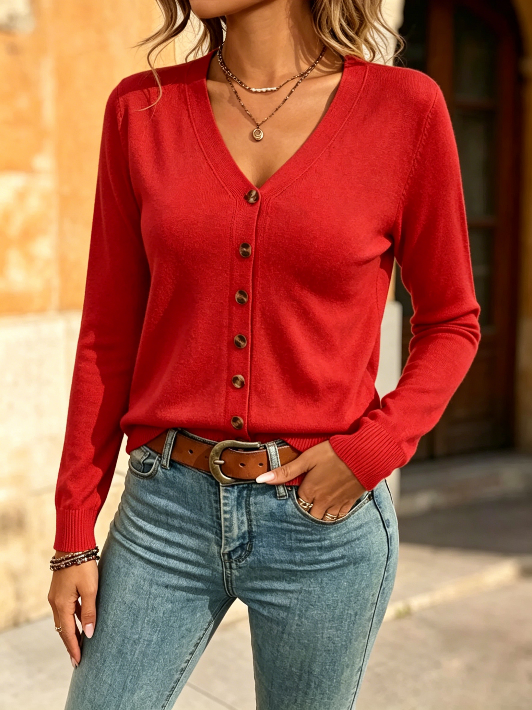 Solid V Neck Button Down Long Sleeve Knit Cardigan Sweater for Women