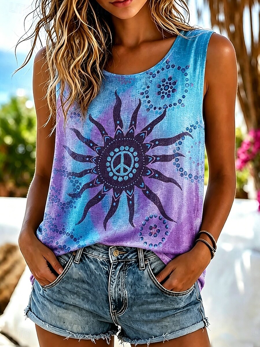 Women’s Boho Tie Dye Gradient Sun Peace Mandala Dot Print Scoop Neck Sleeveless Loose Tank Top