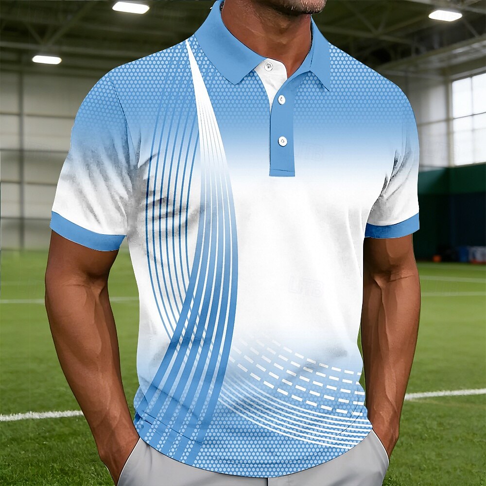 Gradient Curve Geometric Print Contrast Collar Golf Polo Shirt for Men