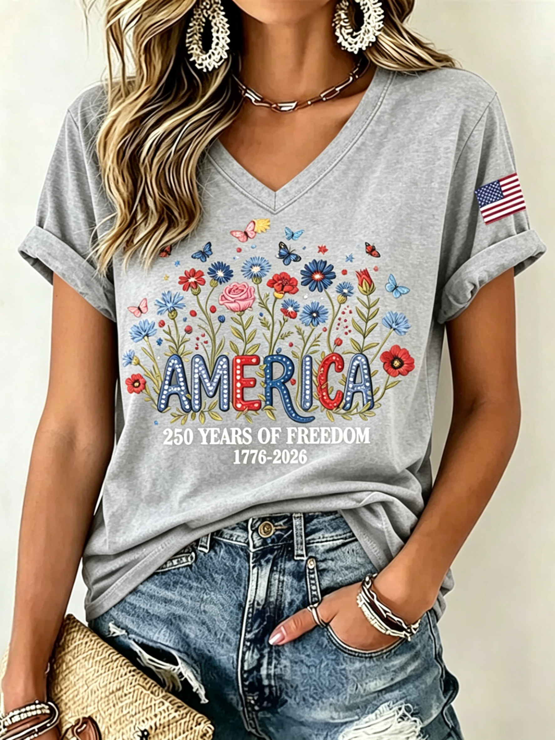 Patriotic Floral America Print V Neck Flag Sleeve T-Shirt for Women