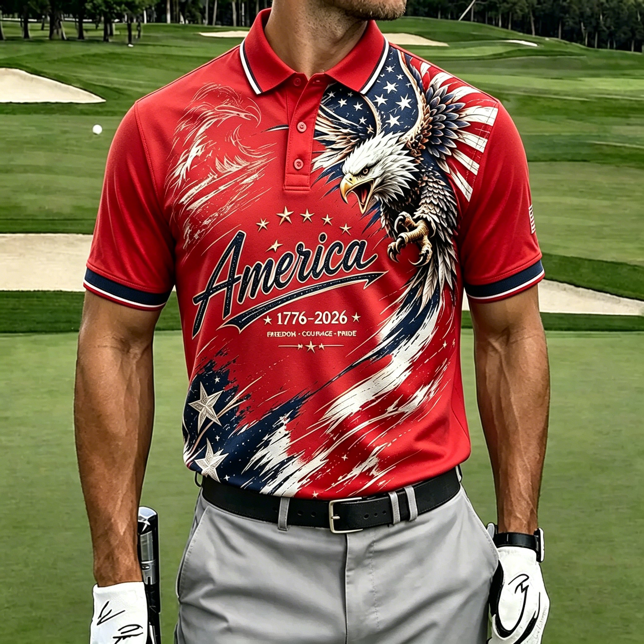 Patriotic Eagle USA Flag Print Contrast Trim Golf Polo Shirt for Men