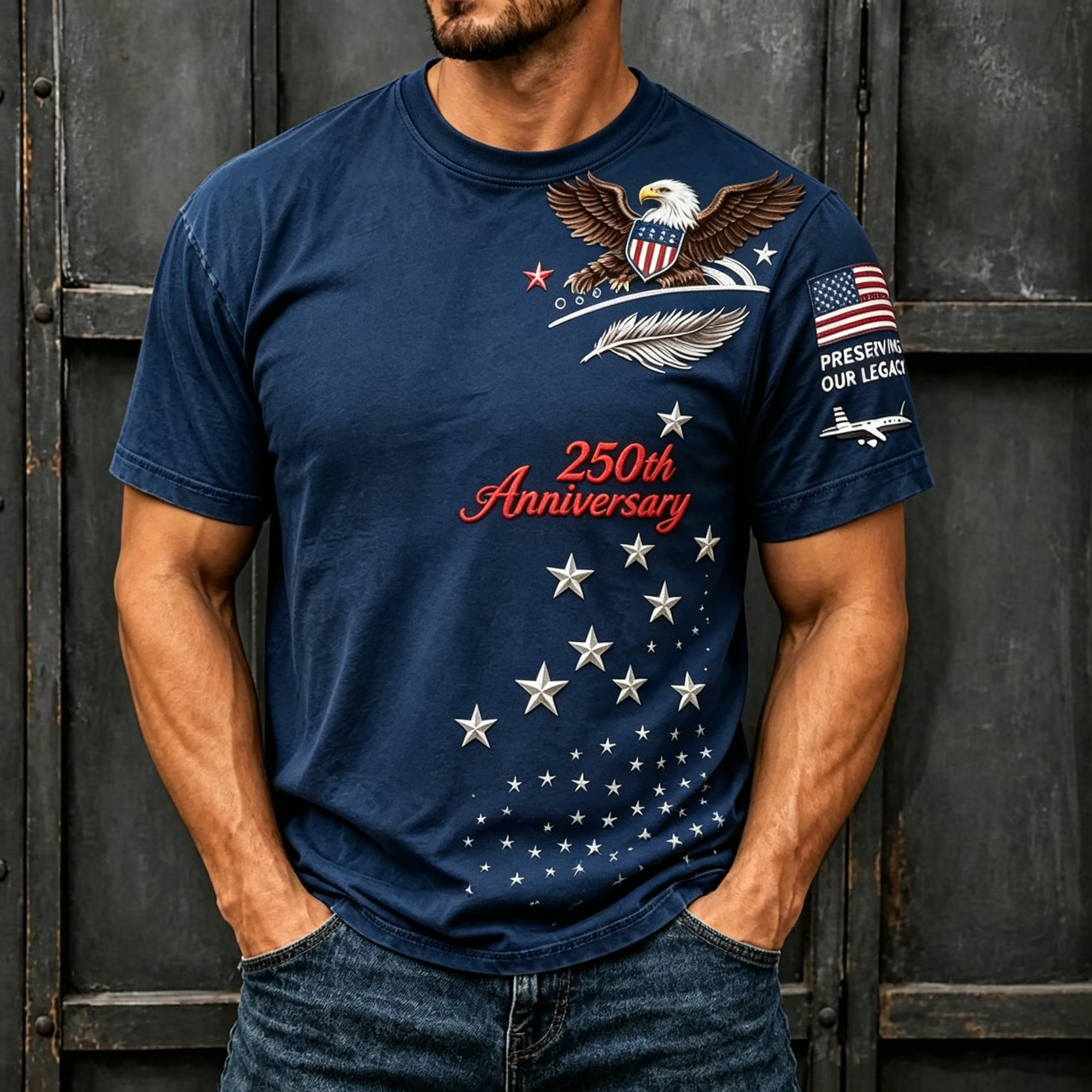 250th Patriotic Eagle Star Sleeve Patch Crew Neck T-Shirt for Men
