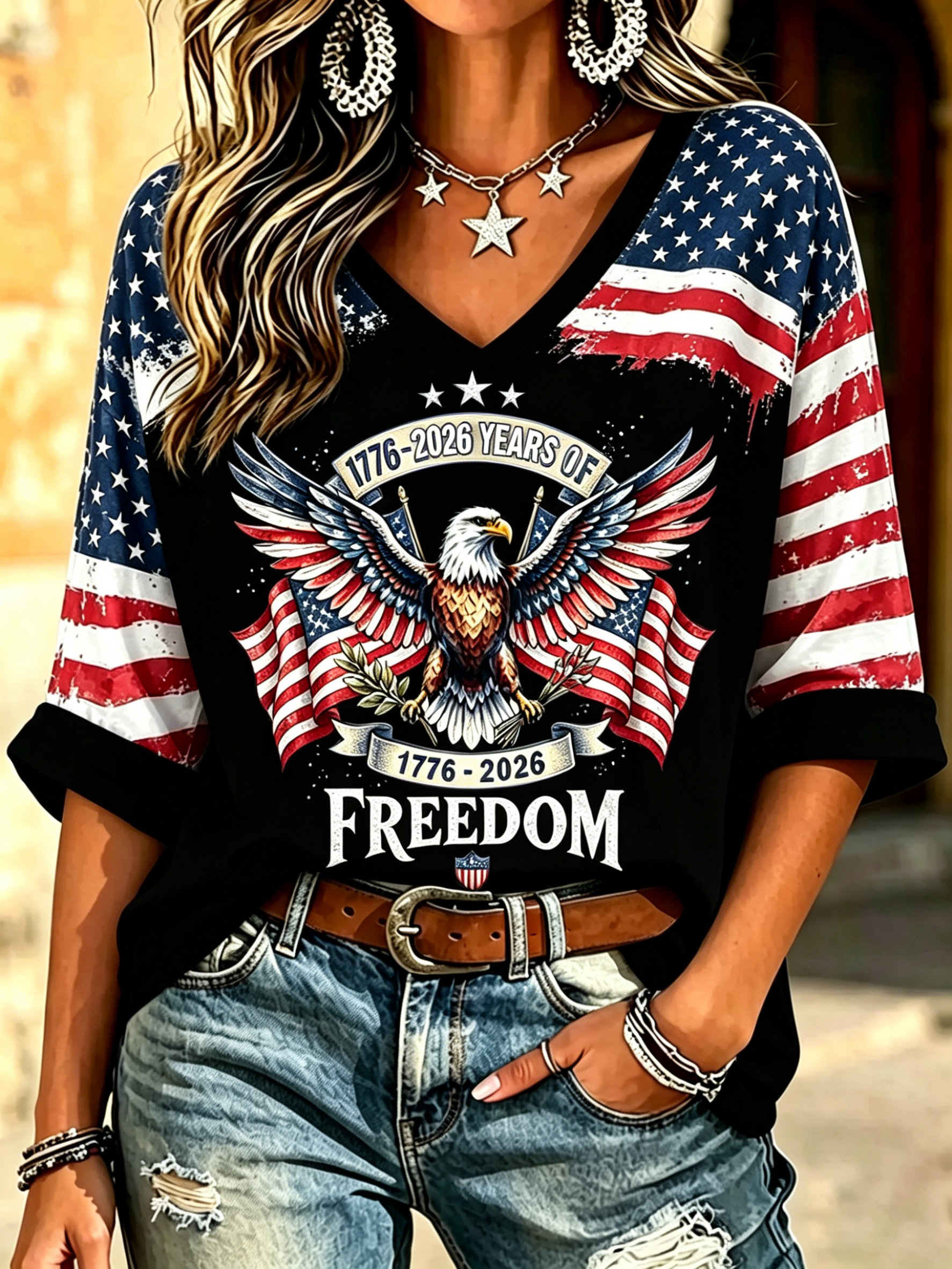 Women’s Patriotic 250 Year Eagle Freedom Letter Distressed Flag Raglan V Neck Three Quarter Sleeve T-Shirt
