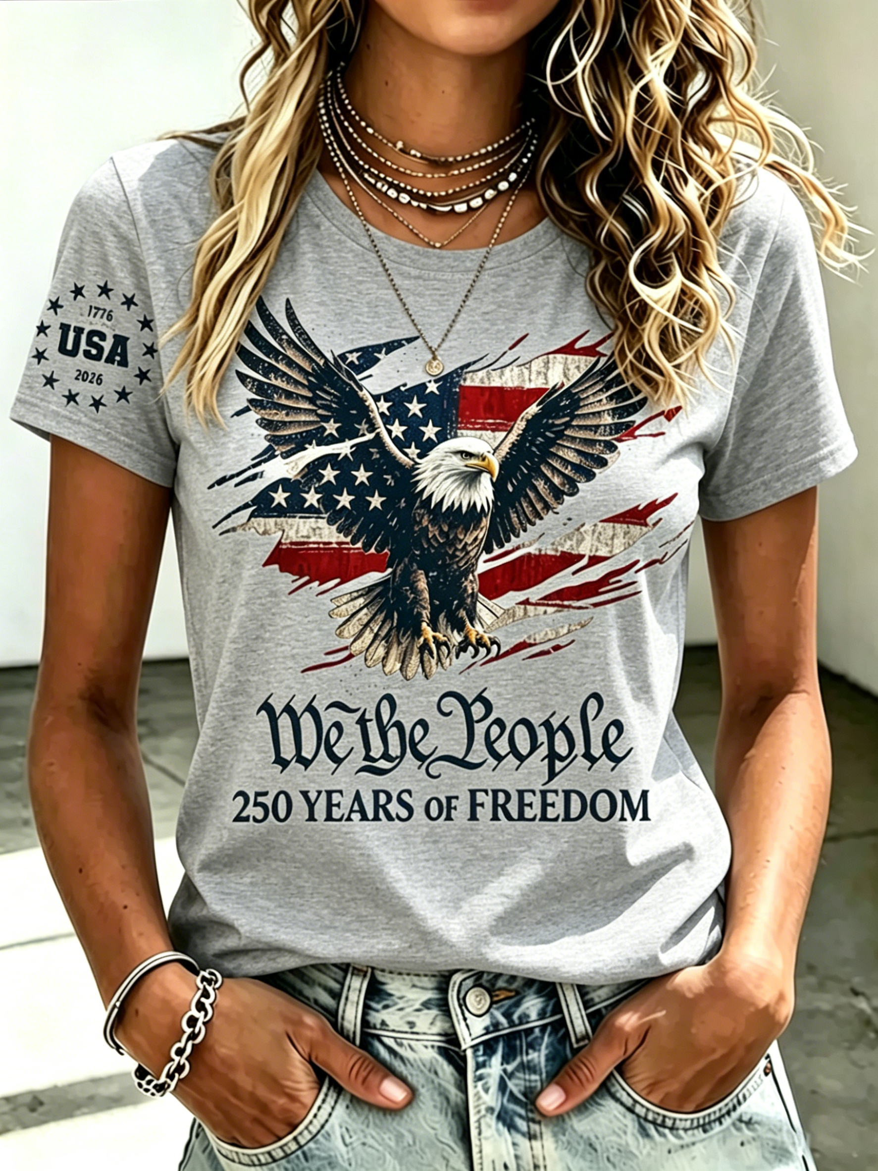 We The People 250 Freedom Eagle Torn Flag Star Sleeve Patriotic Crew Neck T-Shirt for Women