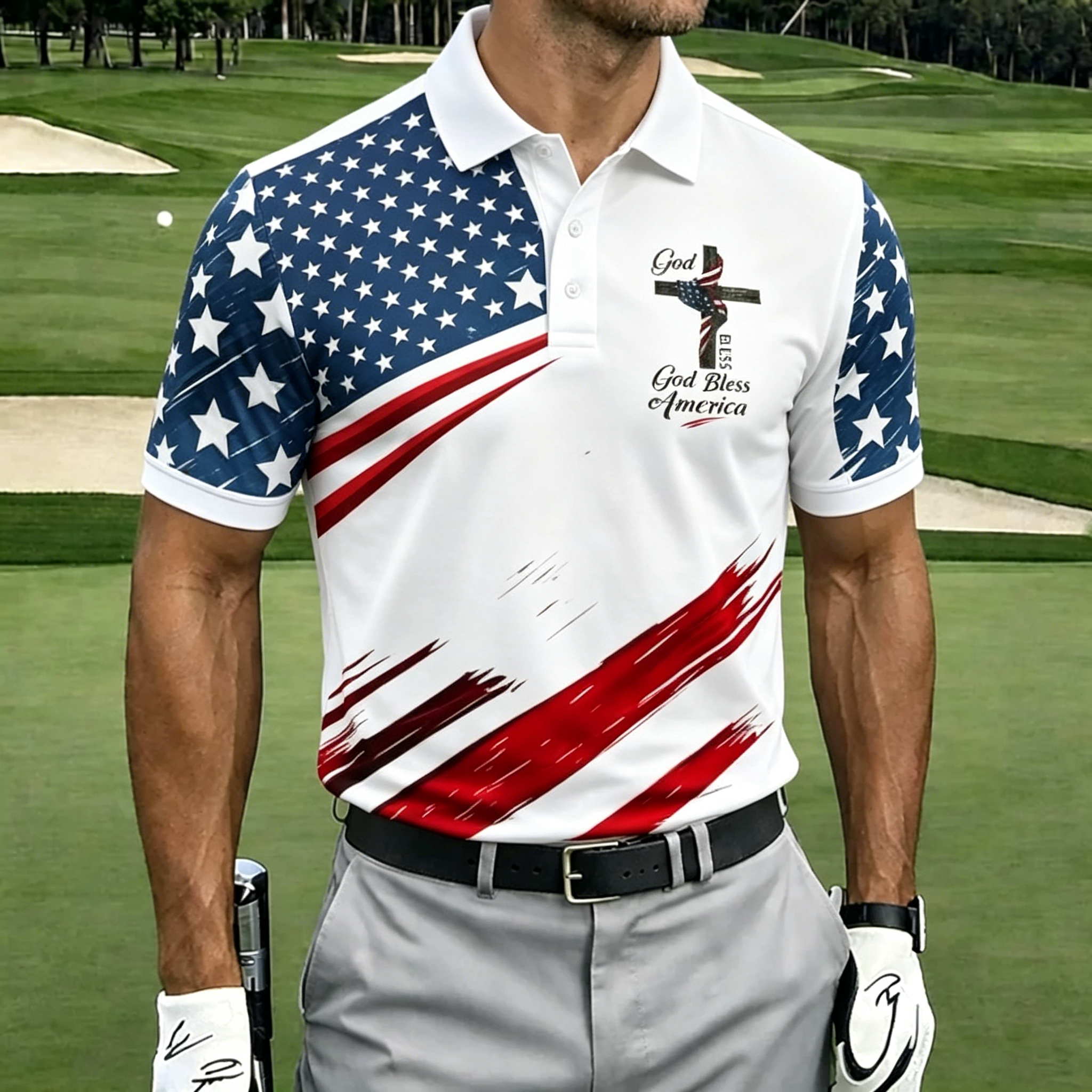 God Bless America Cross Split Star Stripe Print Contrast Collar Golf Polo Shirt for Men