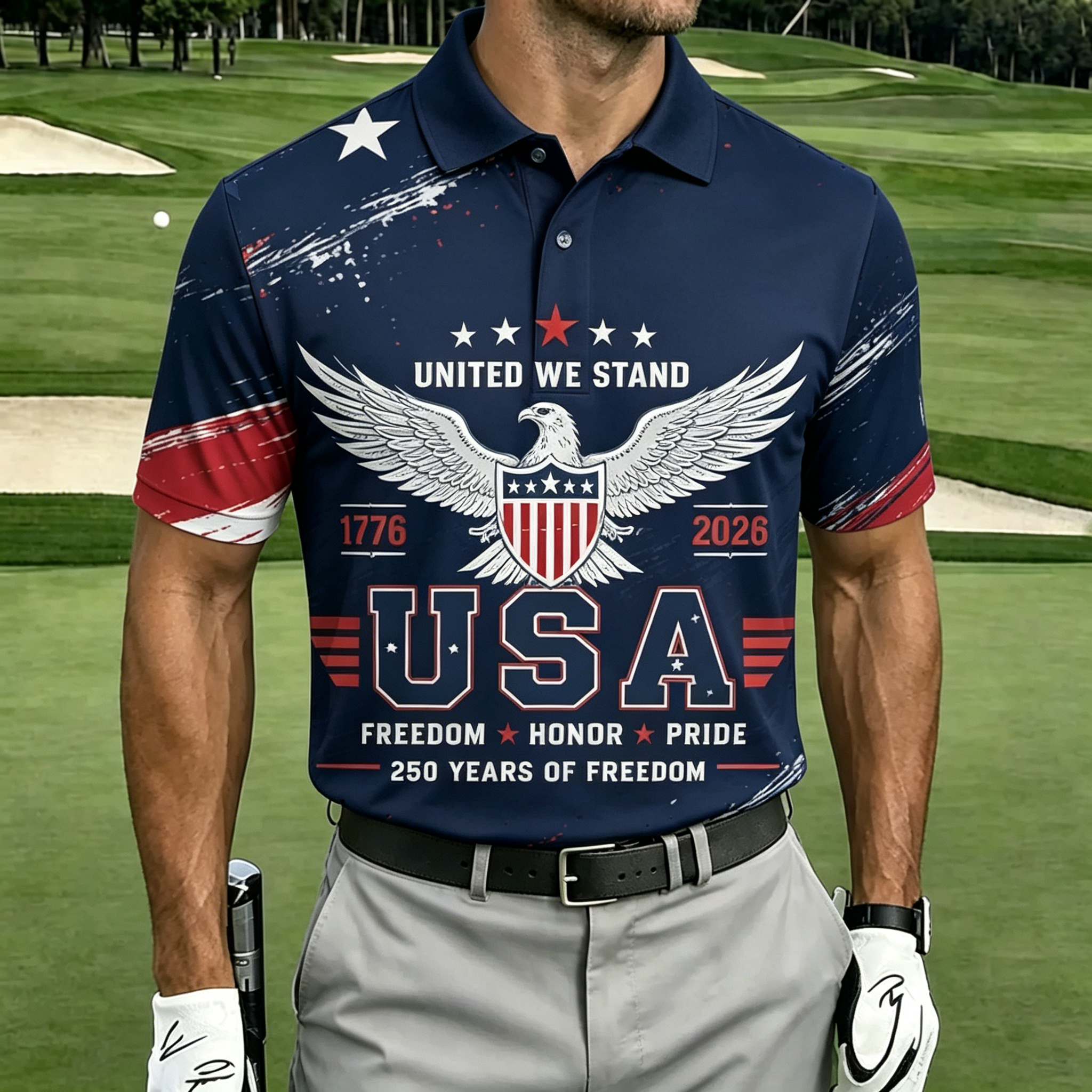 United We Stand Eagle Shield Flag Brush Print Contrast Collar Golf Polo Shirt for Men