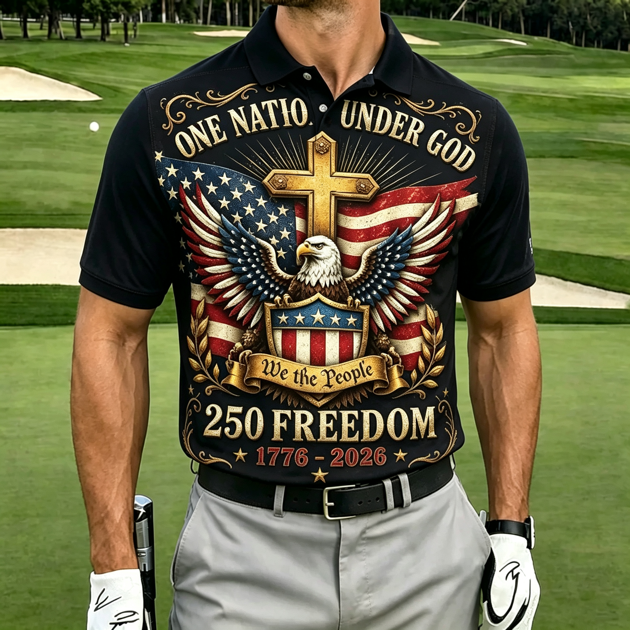 Faith Family Cross Eagle USA Flag Men Quick Dry Golf Polo