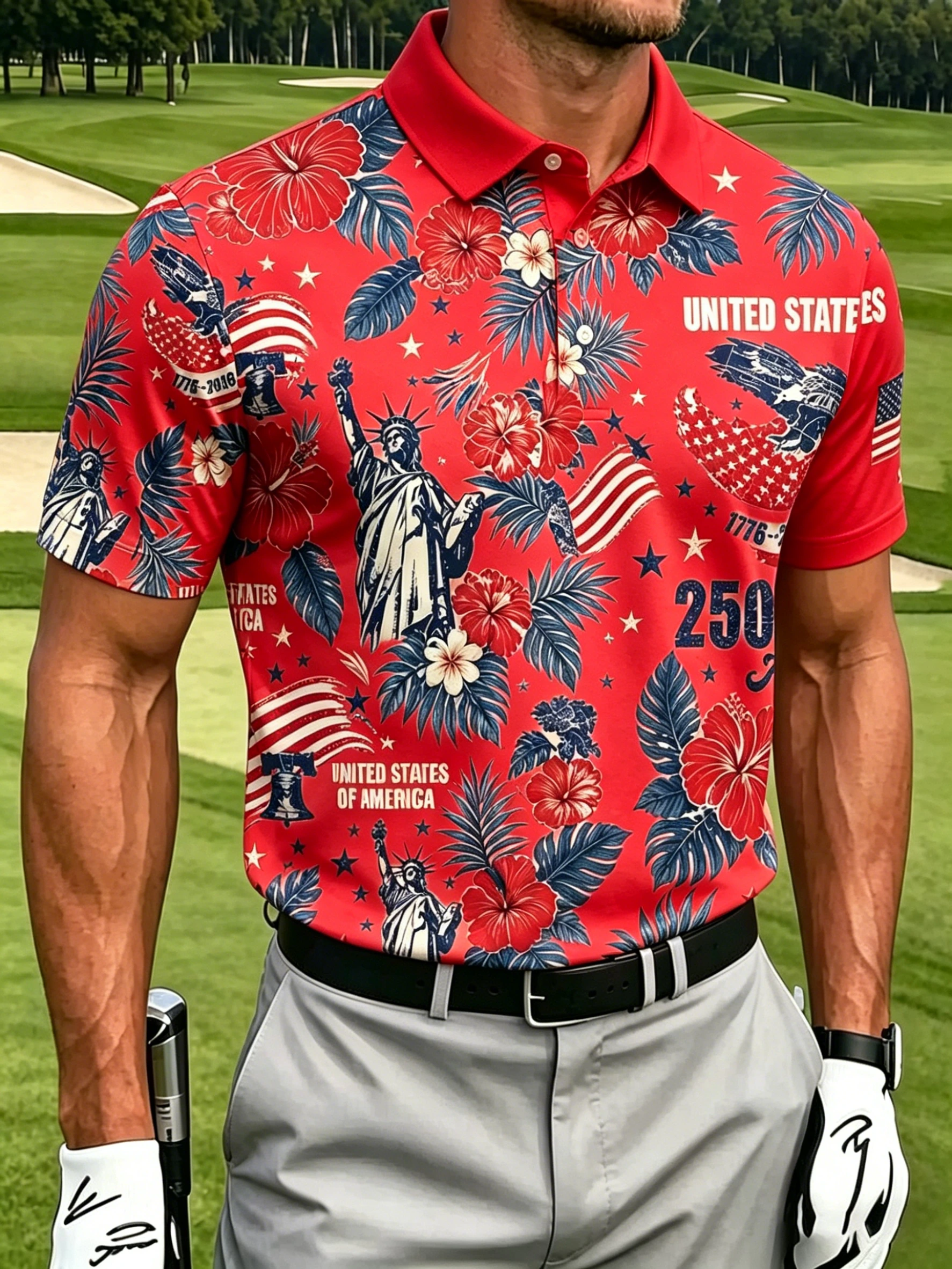 🇺🇸 Men's Patriotic Tropical USA 250th Anniversary Golf Polo Shirt