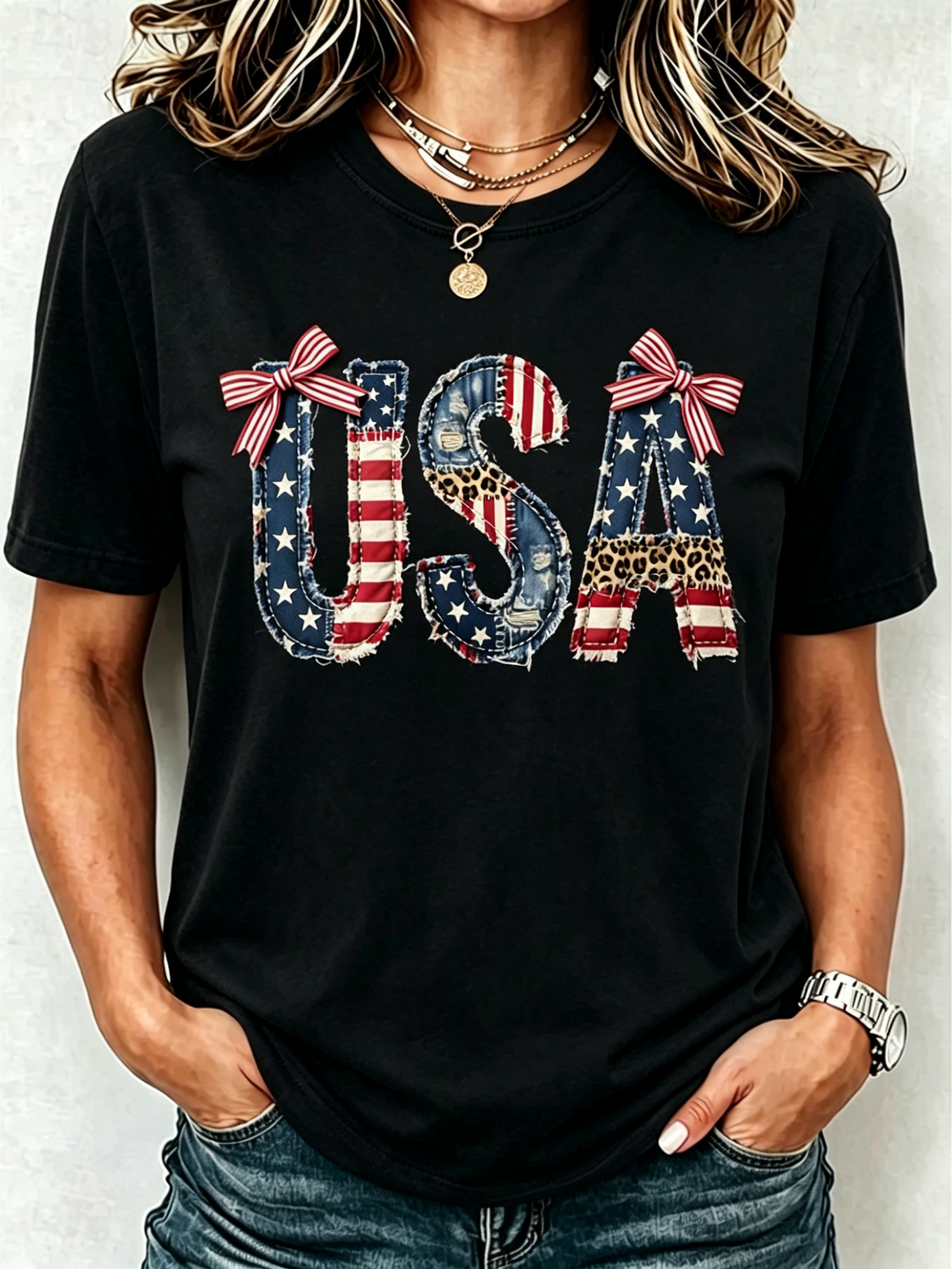 USA Flag Leopard Patch Bow Decor Crew Neck Casual Patriotic Short Sleeve Tee Shirt