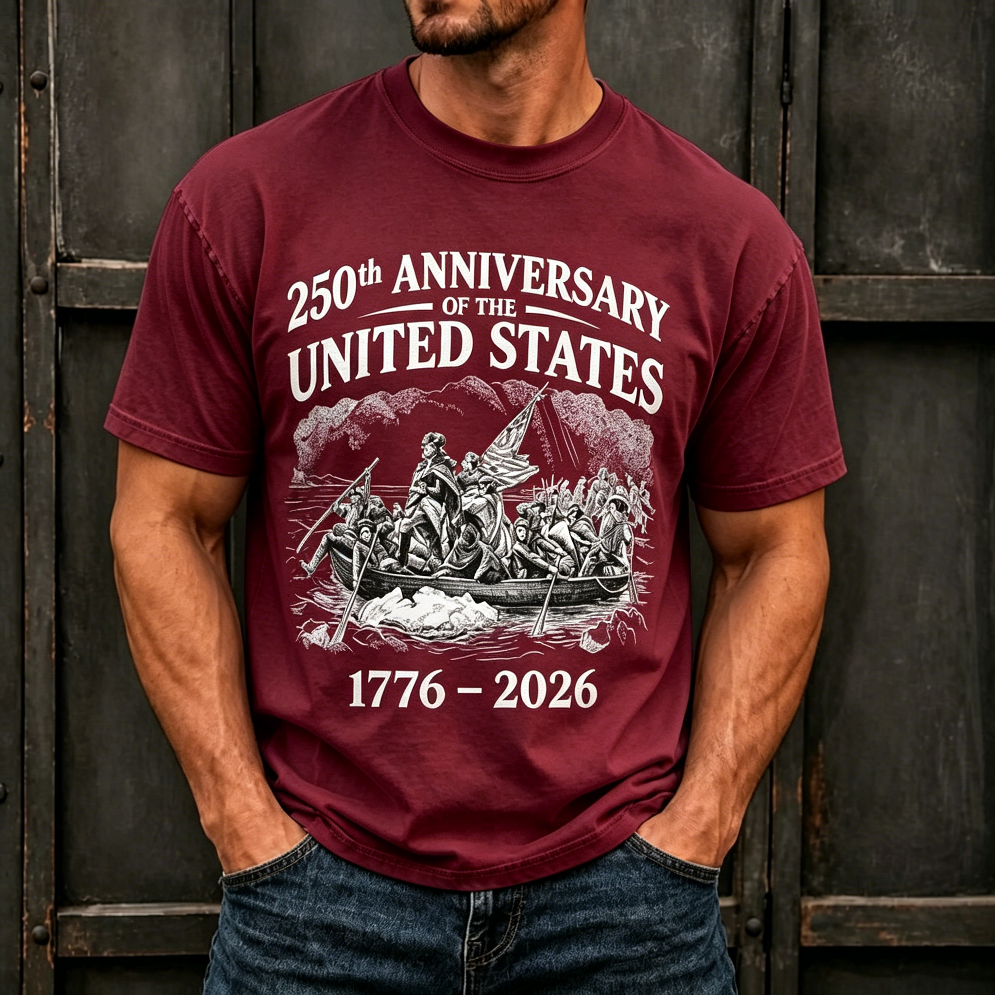 Washington Crossing Delaware 250th USA Anniversary Patriotic Print Oversized Men Crew Neck Washed Short Sleeve Tee