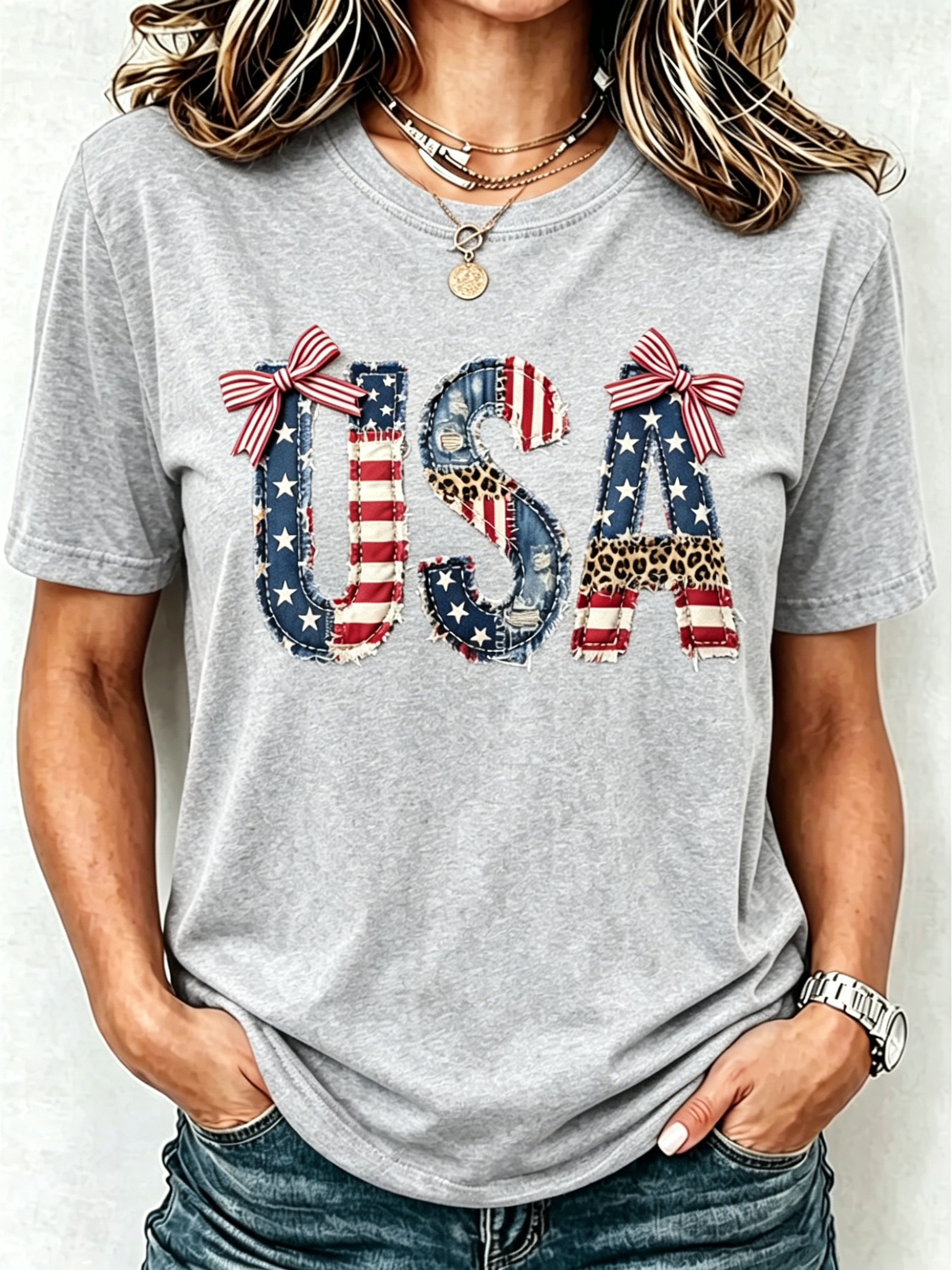 USA Flag Leopard Patch Bow Decor Crew Neck Casual Patriotic Short Sleeve Tee Shirt