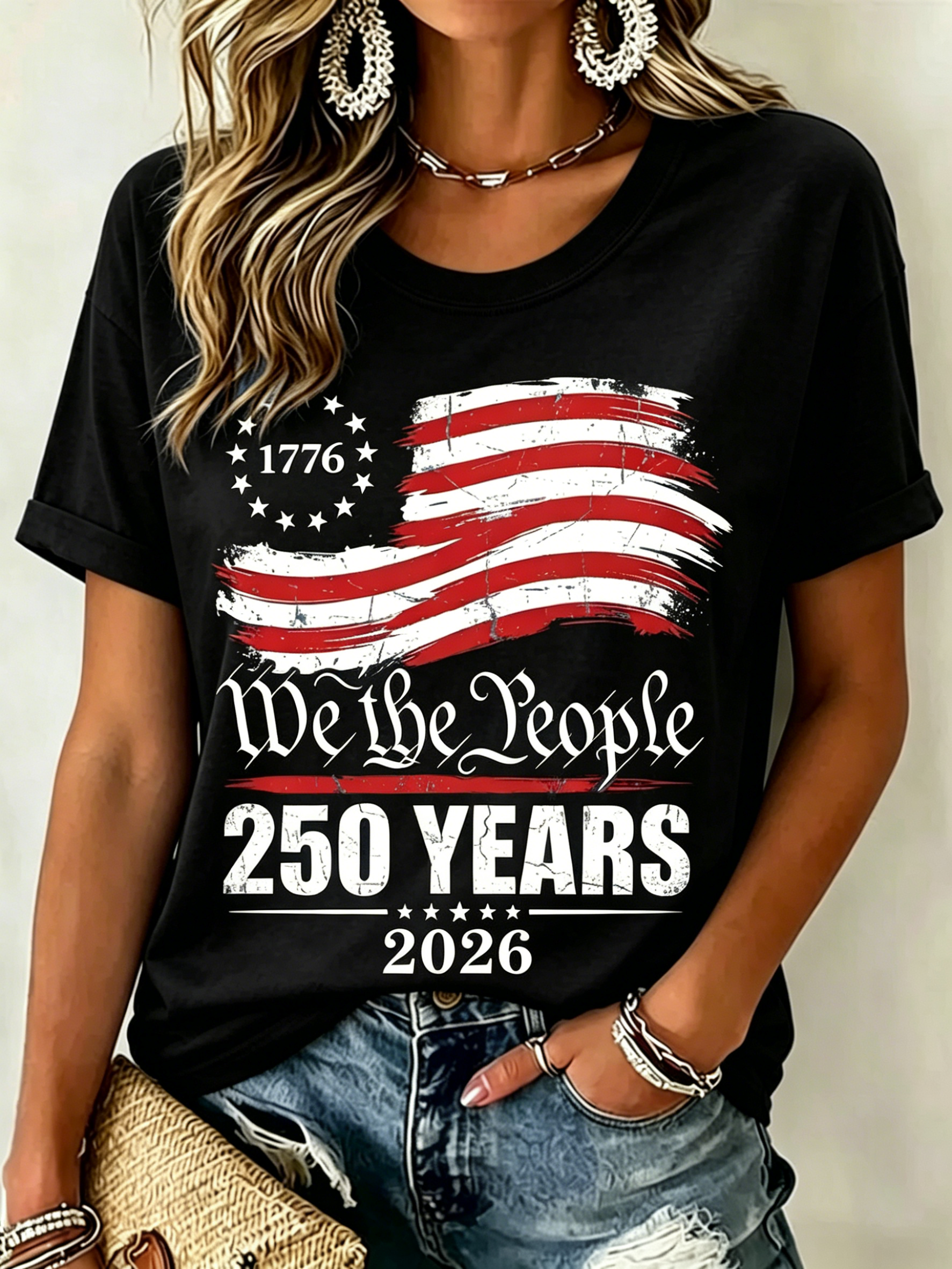 We The People 1776-2026 250 Years Distressed US Flag Patriotic Print Oversized Women Crew Neck Short Sleeve Tee