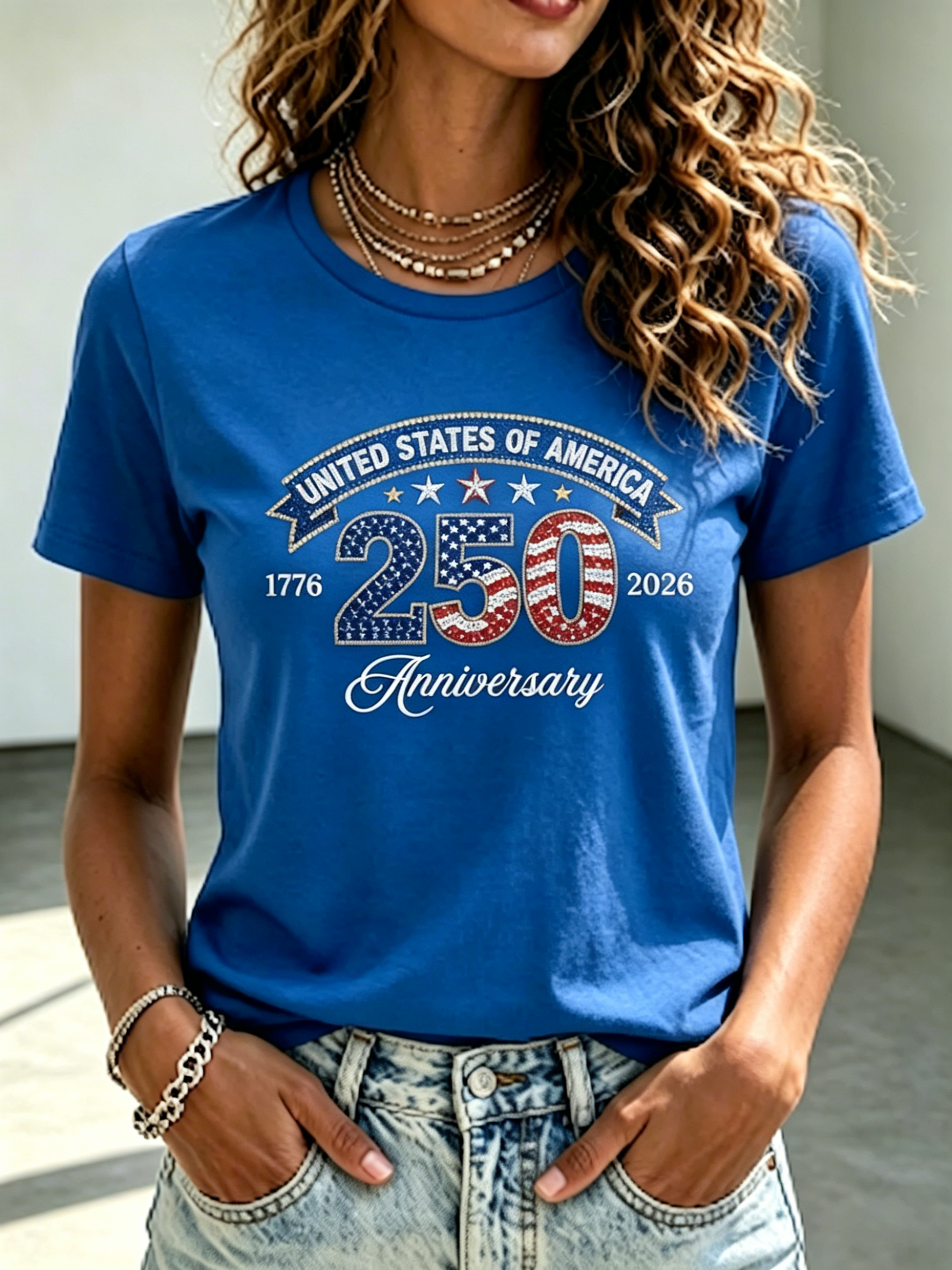 Vintage US 250 Anniversary 1776-2026 Flag Print Crew Neck Casual Short Sleeve Tee