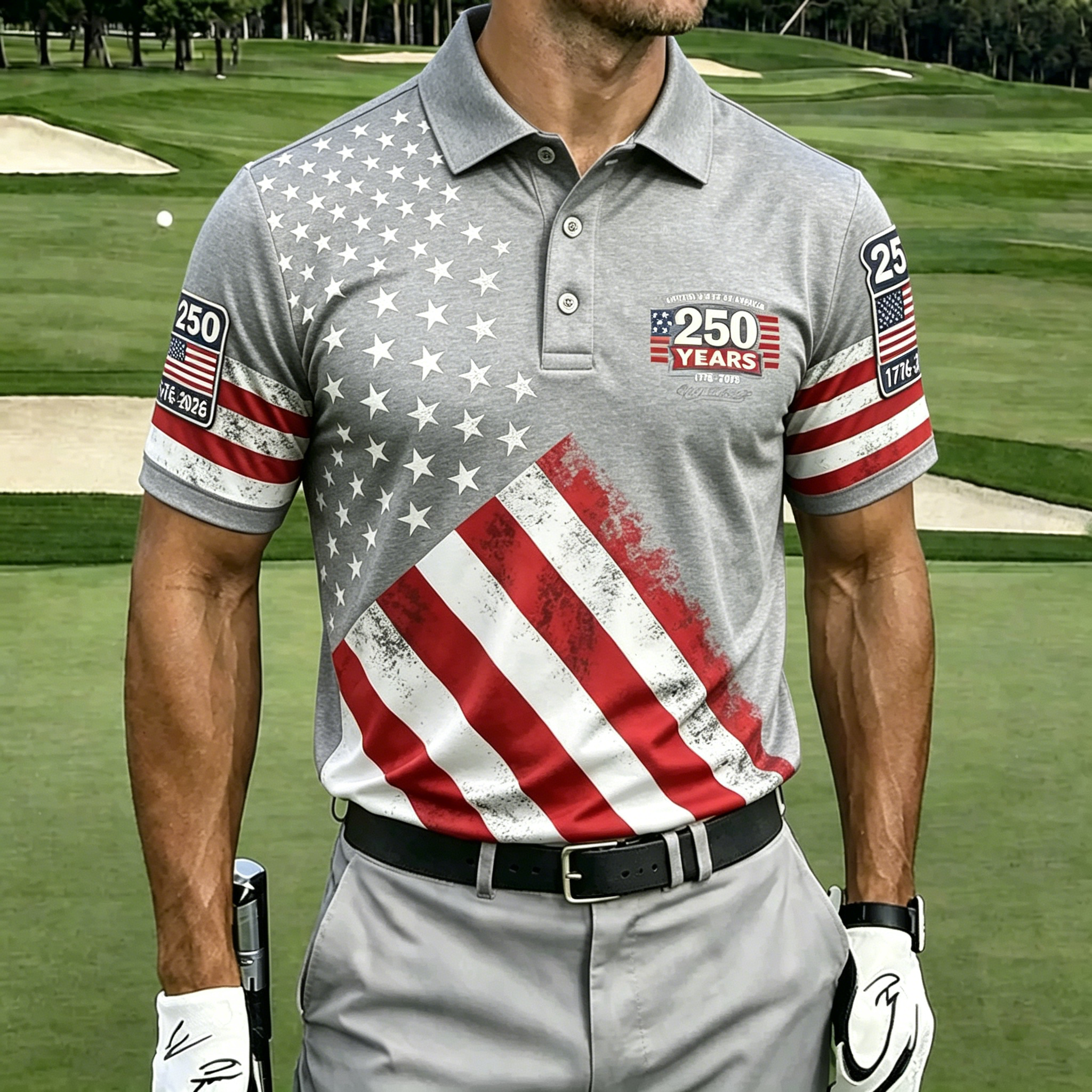 Vintage 250th Anniversary American Flag Print Short Sleeve Golf Polo Shirt Men Casual