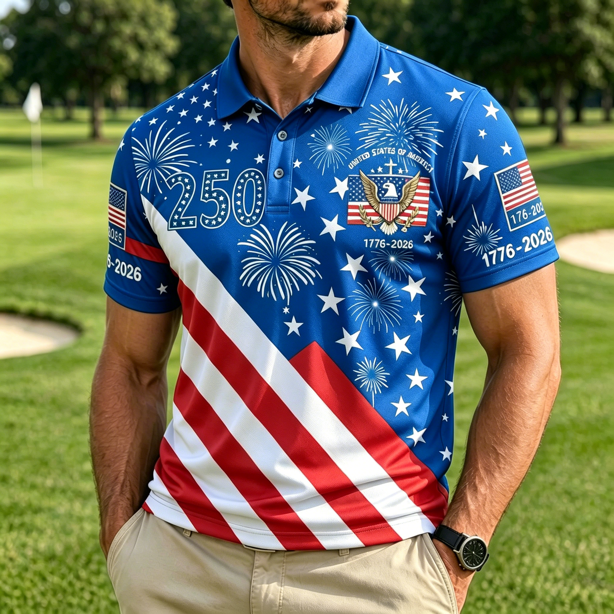 USA 250th Anniversary Star Fireworks Eagle Flag Print Short Sleeve Golf Polo Shirt for Men