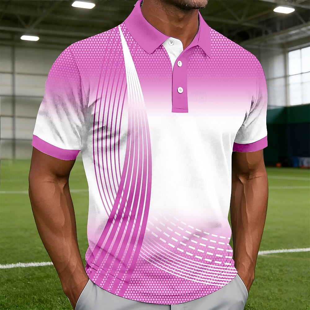 Gradient Curve Geometric Print Contrast Collar Golf Polo Shirt for Men