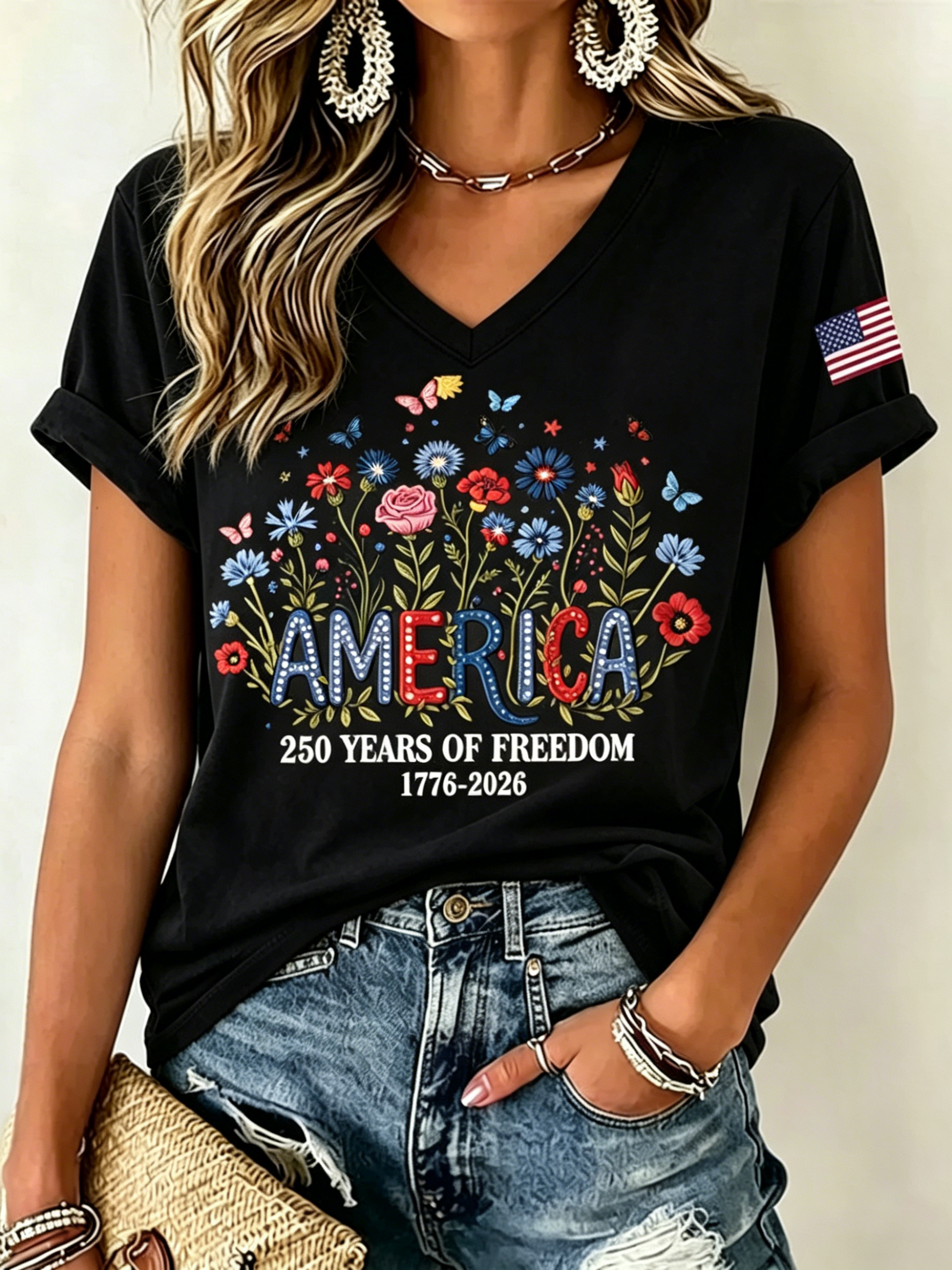 Patriotic Floral America Print V Neck Flag Sleeve T-Shirt for Women
