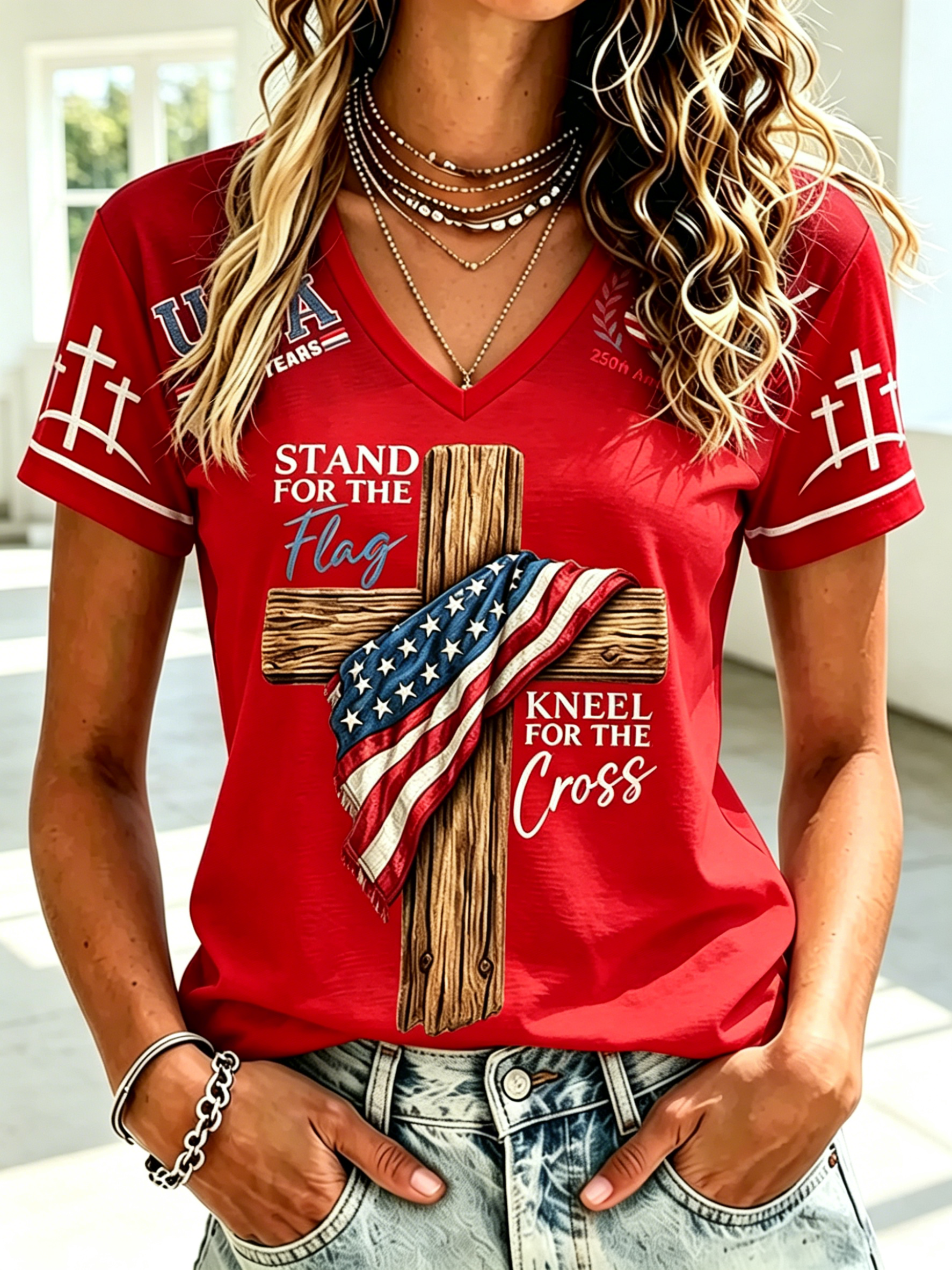Patriotic Cross USA Flag Spliced V Neck T-Shirt for Women