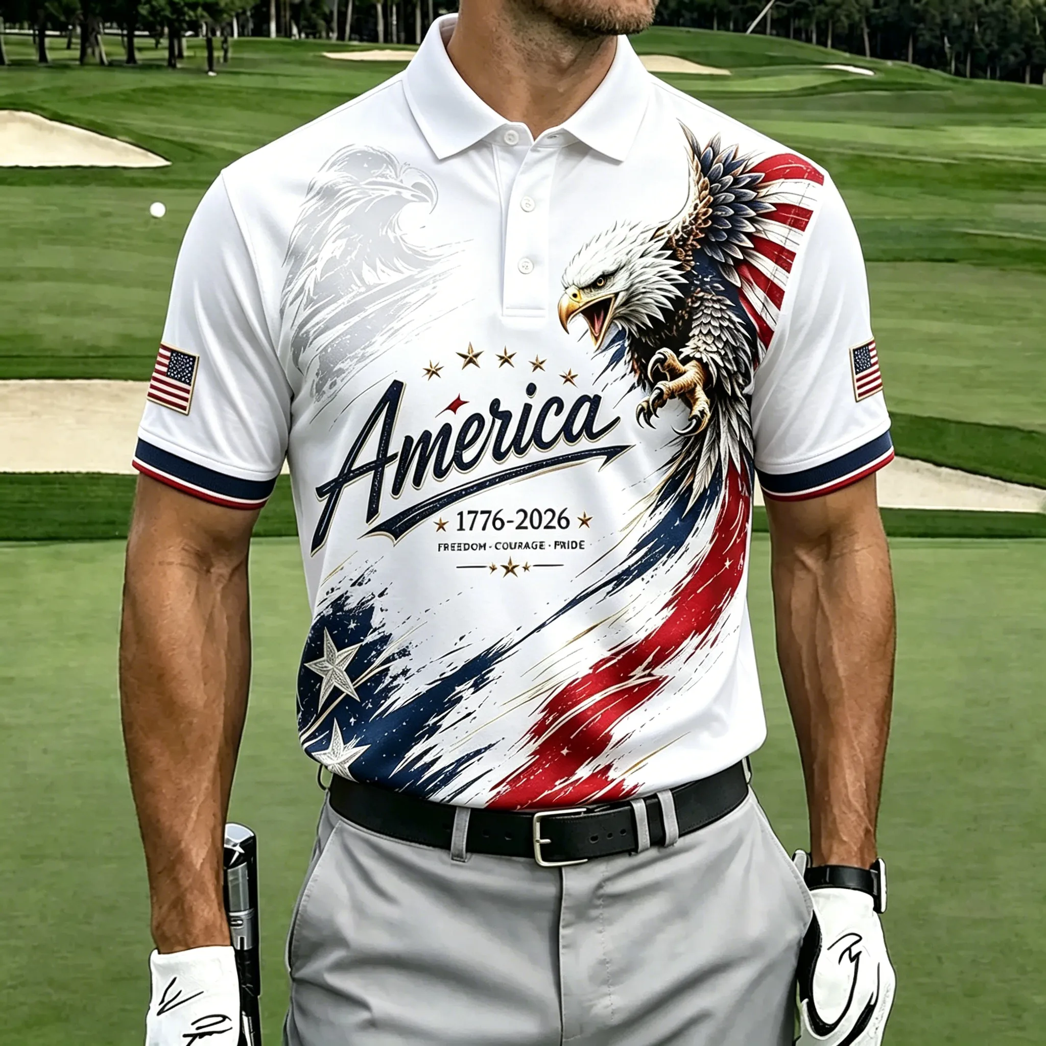 Patriotic Eagle USA Flag Print Contrast Trim Golf Polo Shirt for Men
