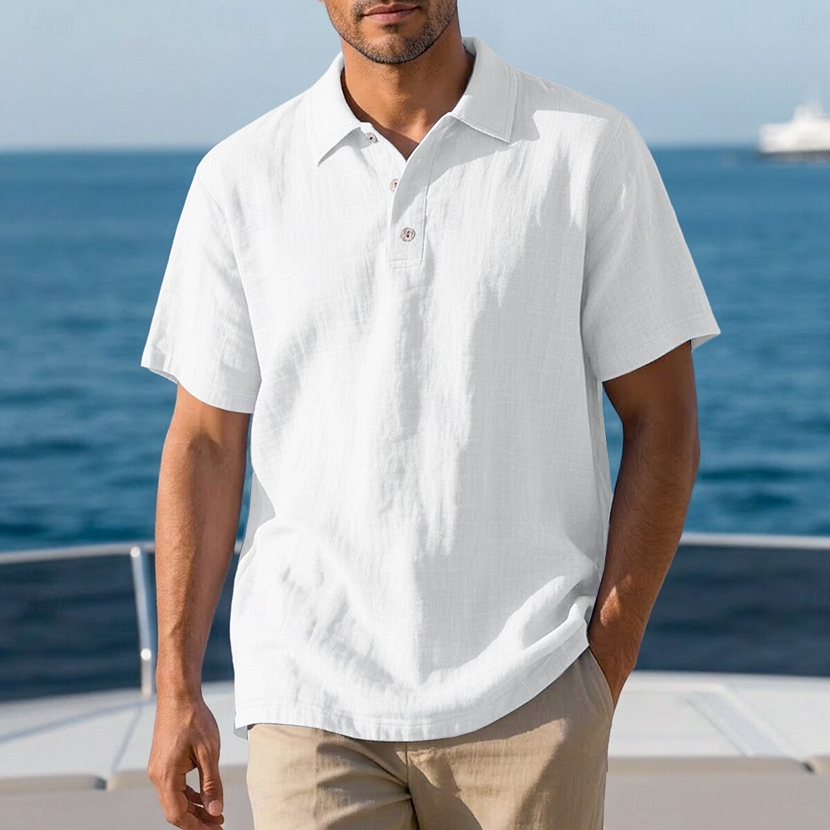 Solid Linen Blend Lapel Collar Short Sleeve Vacation Polo Shirt for Men