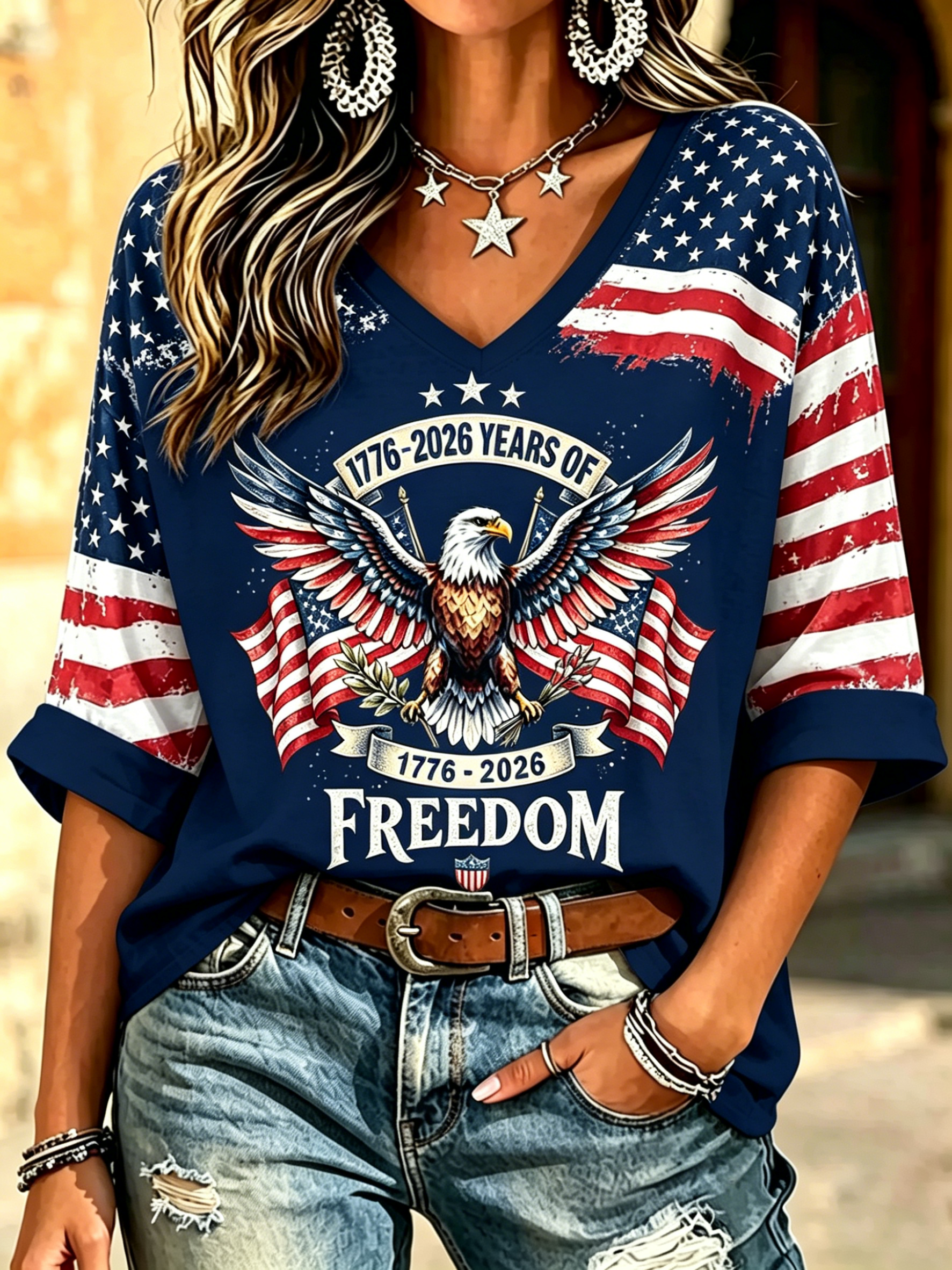 Women’s Patriotic 250 Year Eagle Freedom Letter Distressed Flag Raglan V Neck Three Quarter Sleeve T-Shirt
